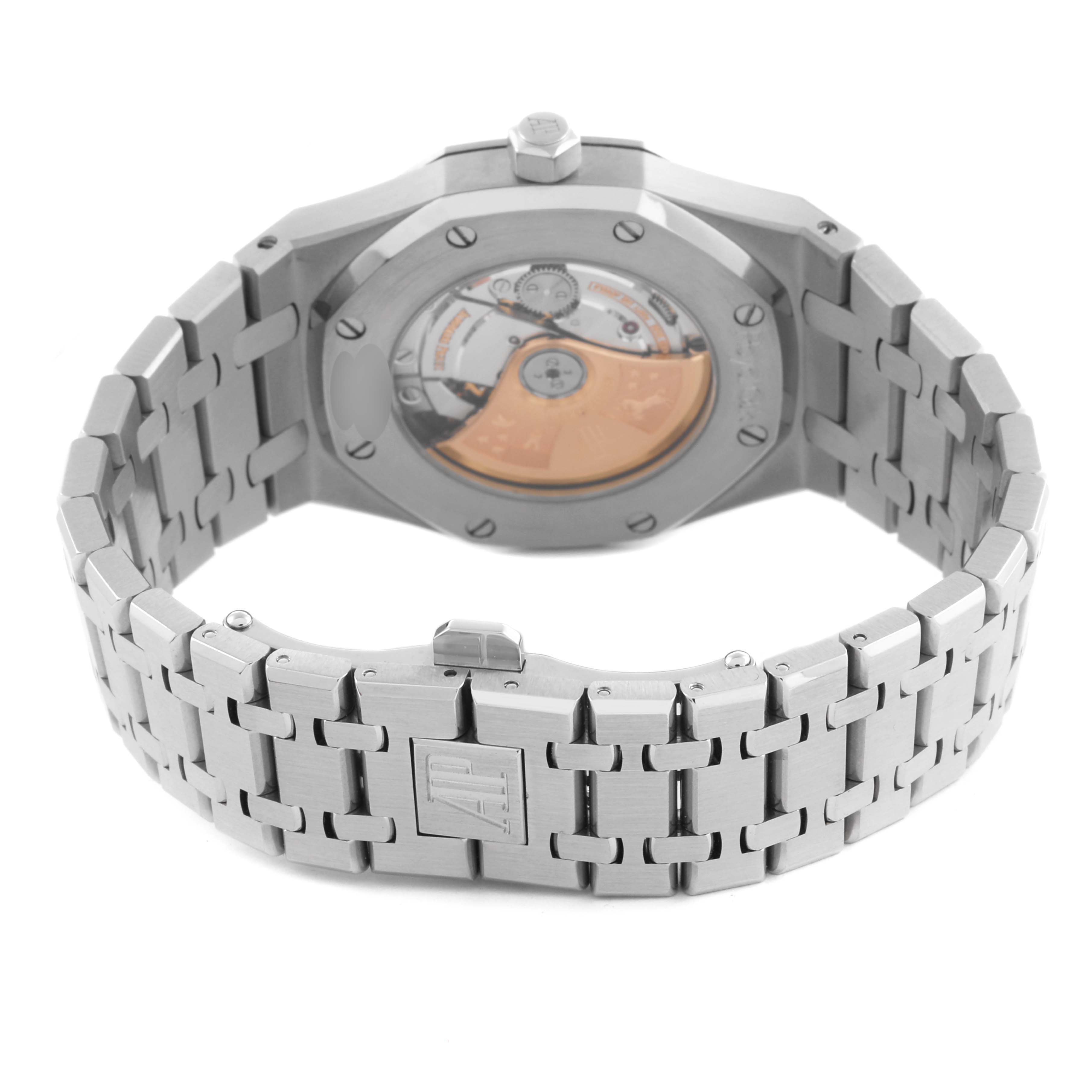 This image shows the back of the Audemars Piguet Royal Oak 15300ST.OO.1220ST.01 Men's Stainless Steel White Dial 15300ST.OO.1220ST.01 Men's Stainless Steel White Dial, highlighting the bracelet and transparent case back.