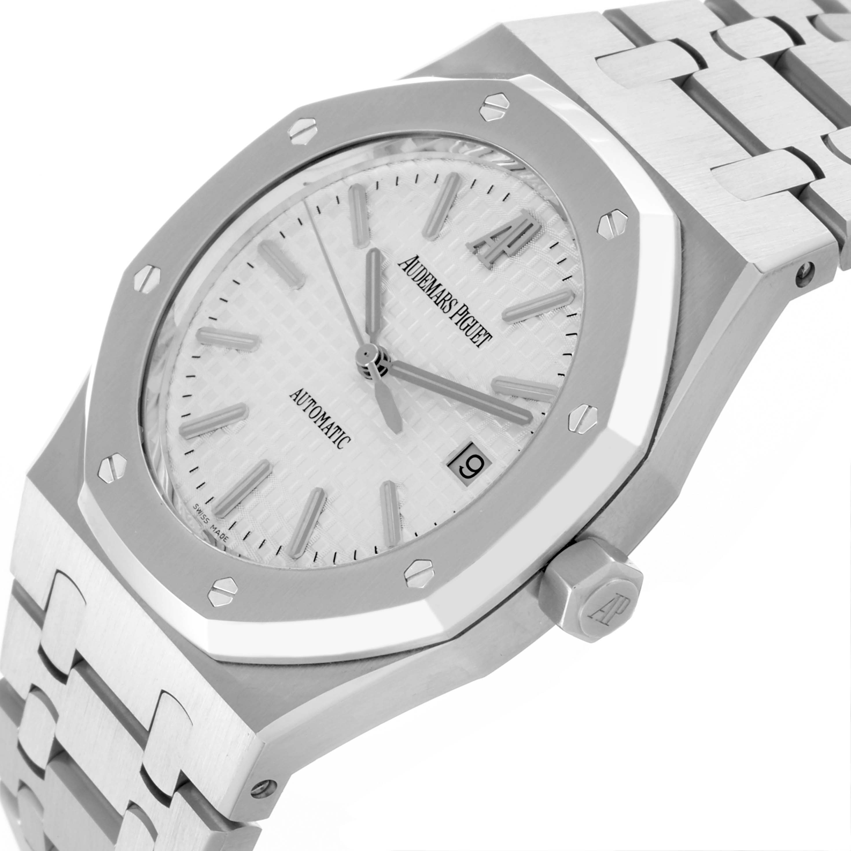 The Audemars Piguet Royal Oak 15300ST.OO.1220ST.01 Men's Stainless Steel White Dial 15300ST.OO.1220ST.01 Men's Stainless Steel White Dial watch is shown from a side angle, highlighting its octagonal bezel, bracelet, and dial details.