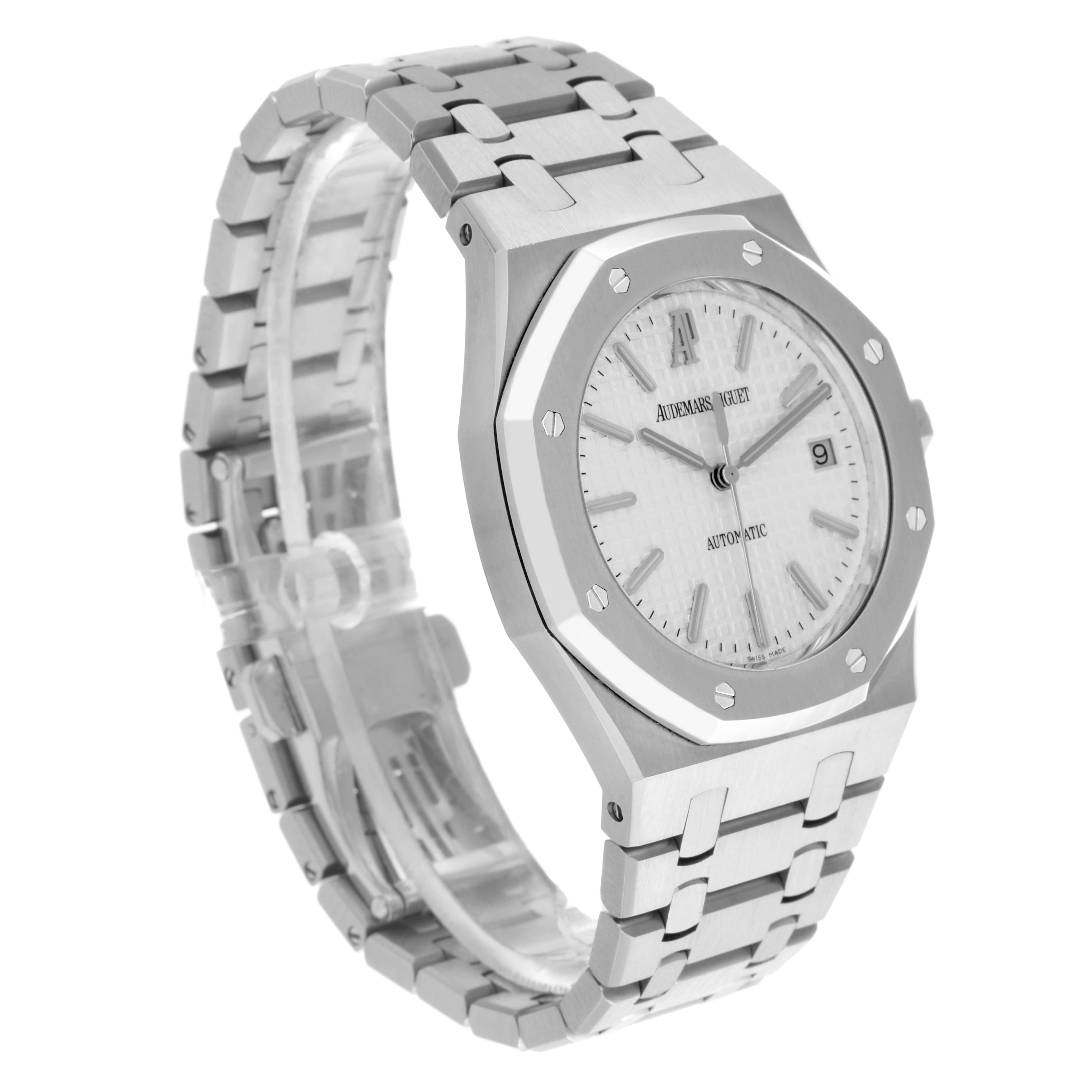 The Audemars Piguet Royal Oak 15300ST.OO.1220ST.01 Men's Stainless Steel White Dial 15300ST.OO.1220ST.01 Men's Stainless Steel White Dial model is shown at a three-quarter angle, highlighting the face, bezel, and bracelet.