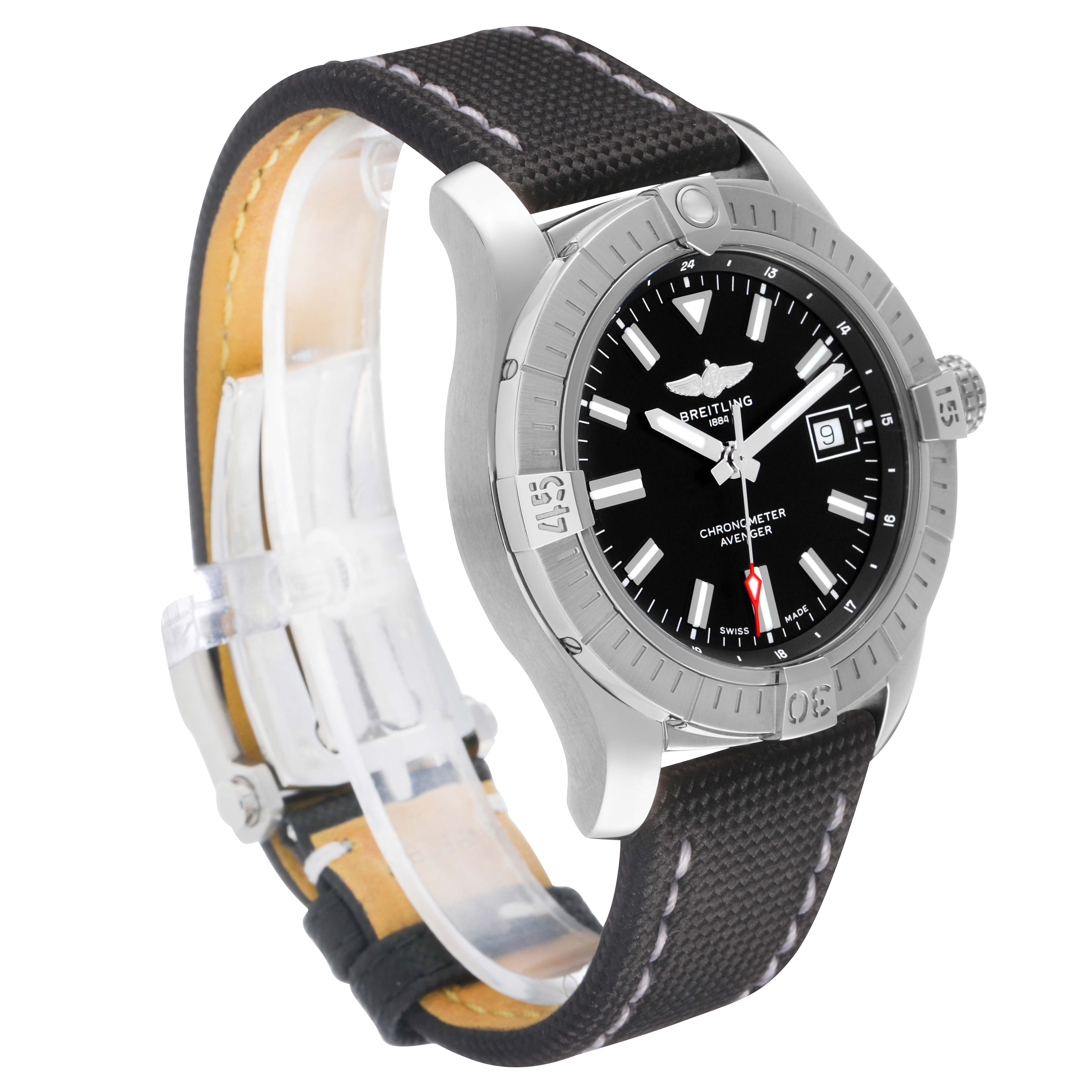 The Breitling Avenger A17318 Men's Stainless Steel Black Dial watch is shown at a three-quarter angle, displaying the face, bezel, case, and the fabric strap with stitching.