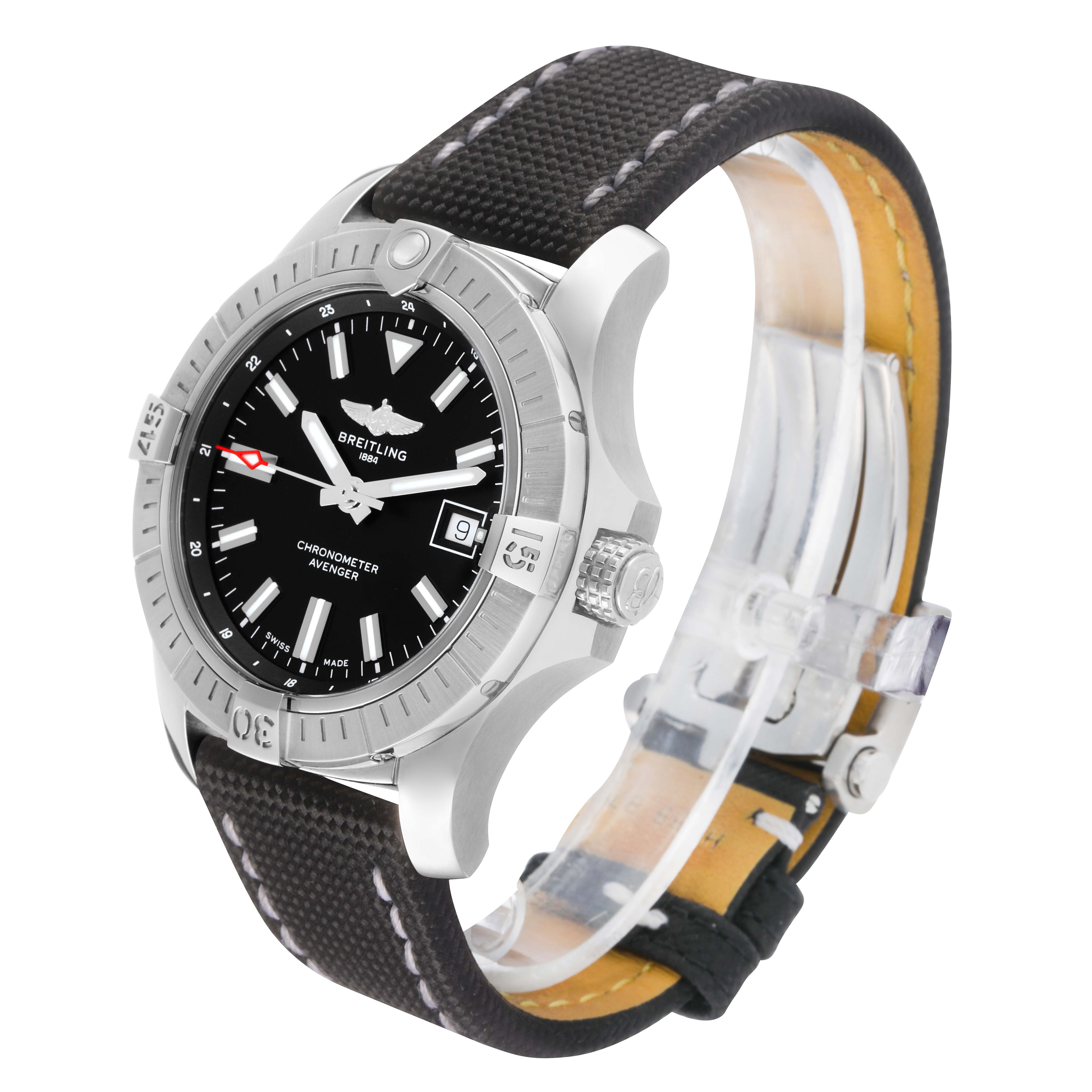 The Breitling Avenger A17318 Men's Stainless Steel Black Dial watch is shown at a three-quarter view, highlighting the dial, bezel, crown, and strap.