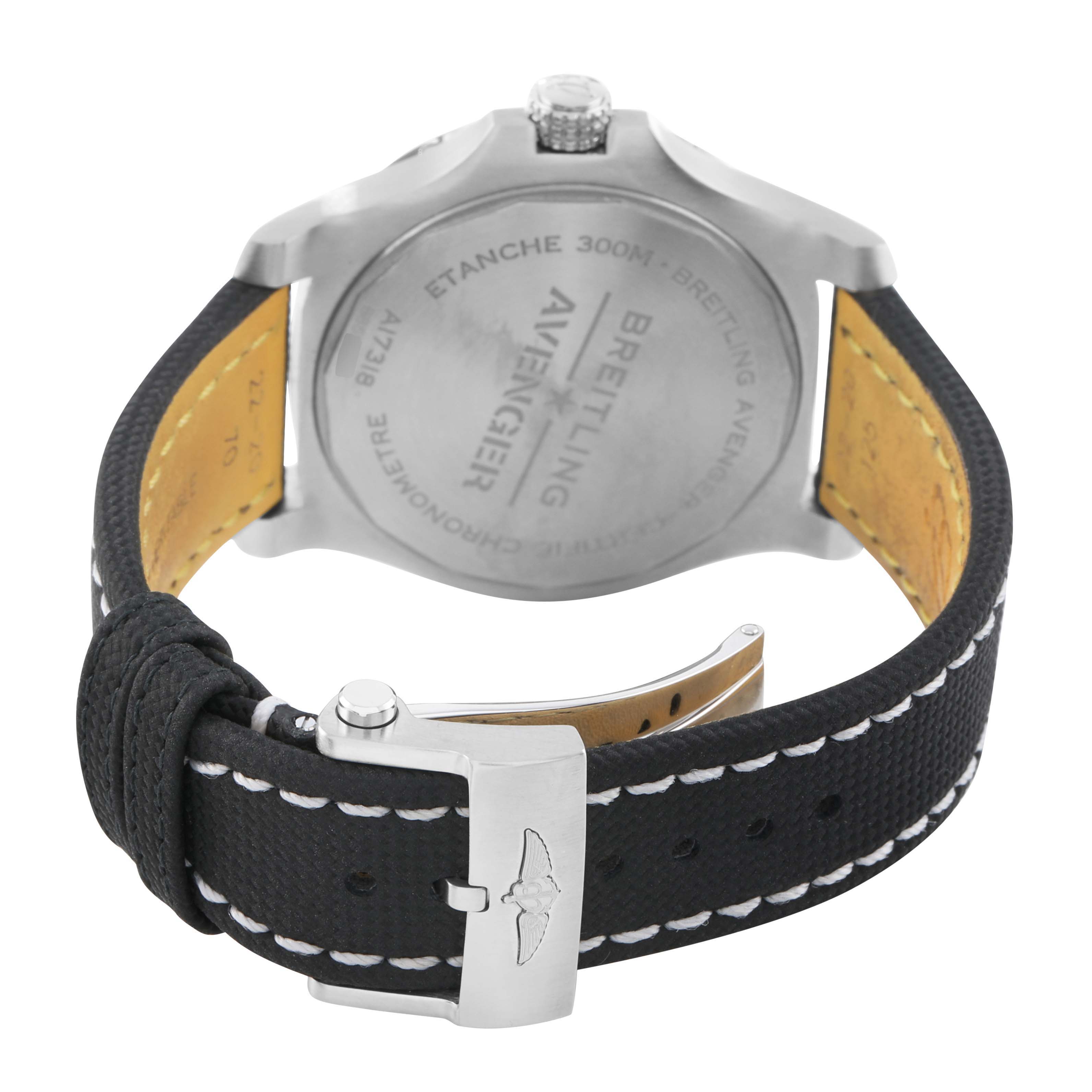 The image shows the back case and clasp of a Breitling Avenger A17318 Men's Stainless Steel Black Dial watch at a slight rear angle.