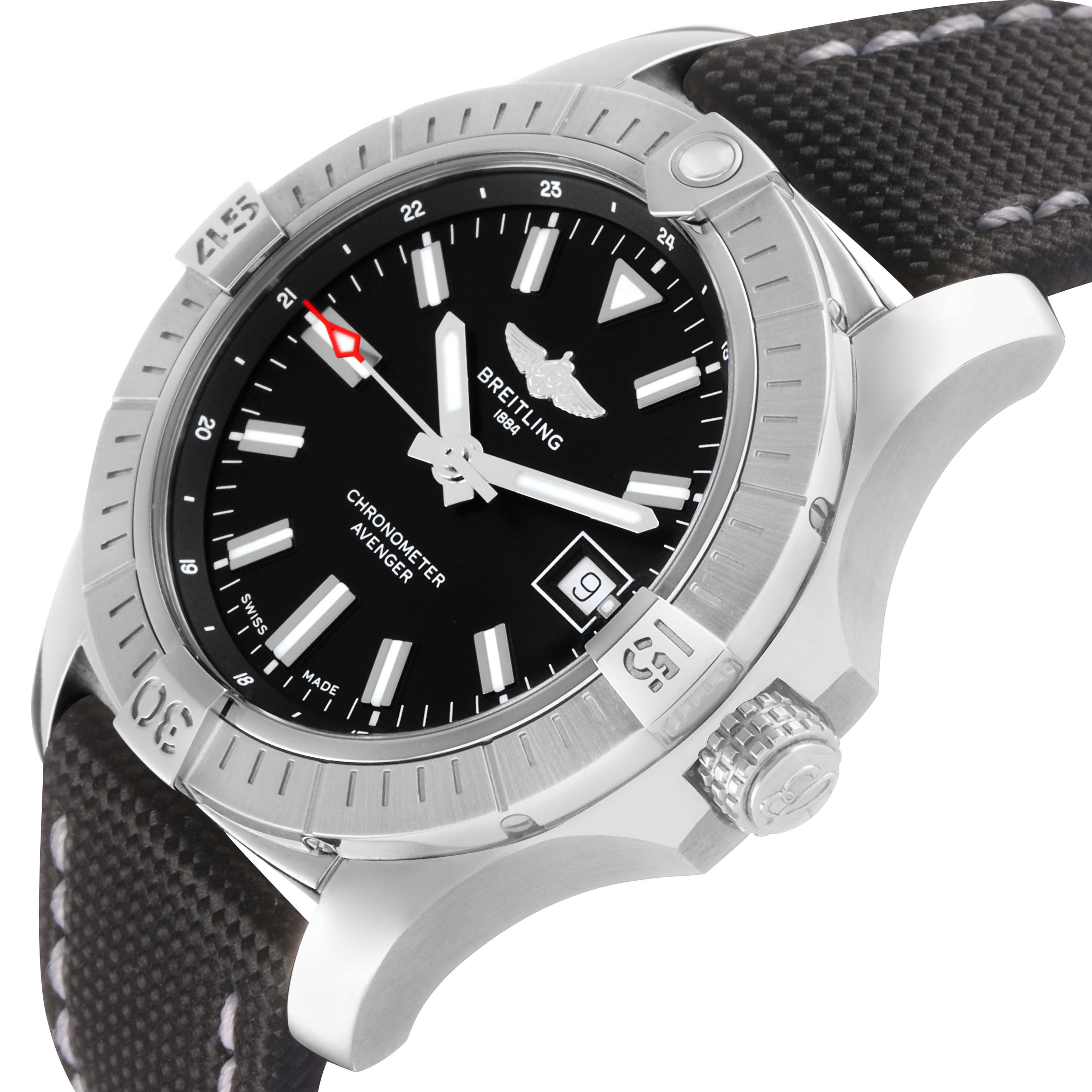 The Breitling Avenger A17318 Men's Stainless Steel Black Dial watch is shown at an angled side view, highlighting the bezel, crown, dial, and strap.