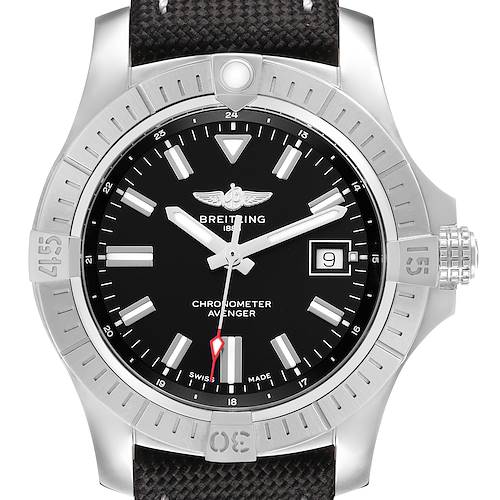 The Breitling Avenger A17318 Men's Stainless Steel Black Dial watch is shown from the front, displaying its dial, case, bezel, and part of the strap.