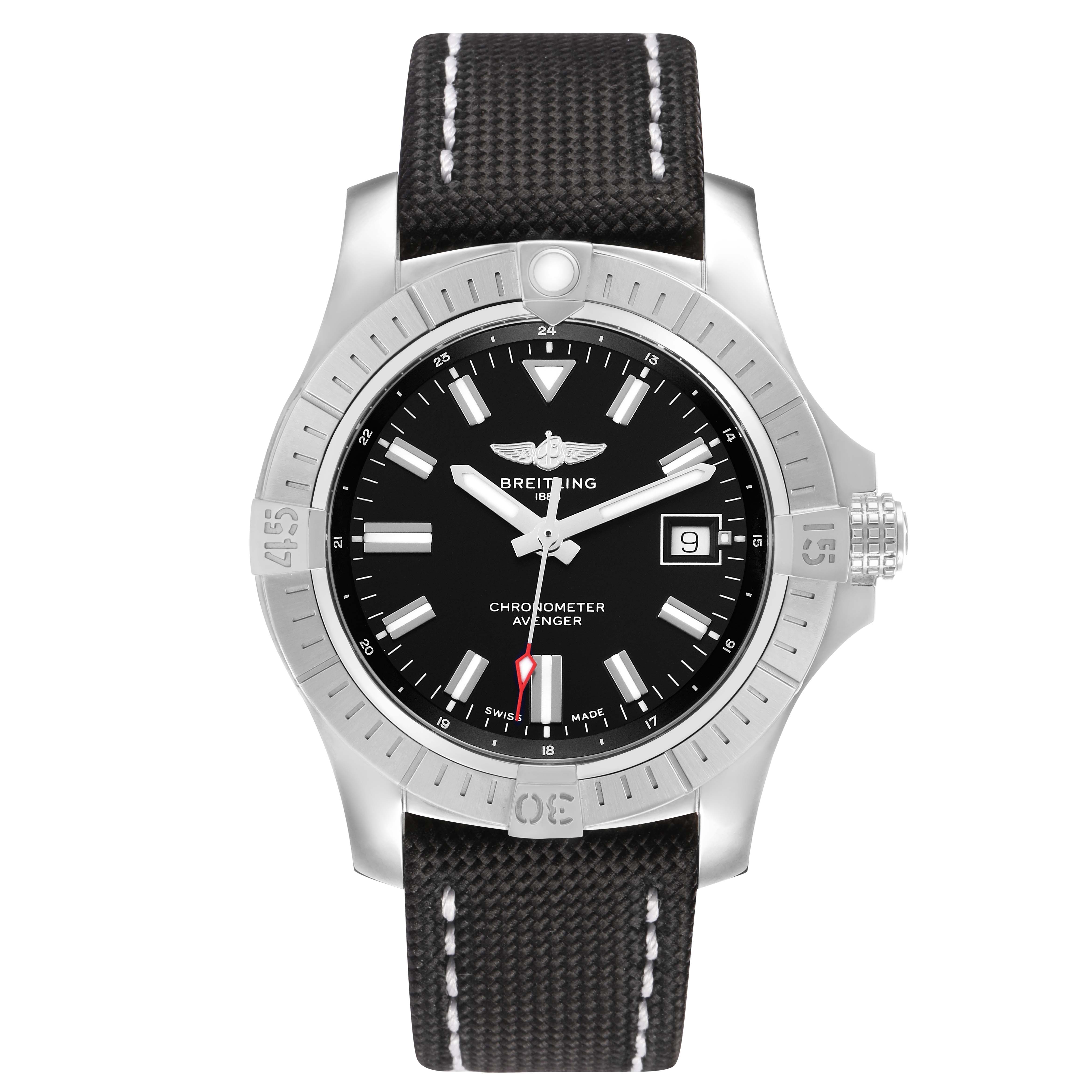 The Breitling Avenger A17318 Men's Stainless Steel Black Dial watch is shown from a front angle, displaying the dial, bezel, crown, and black strap with white stitching.