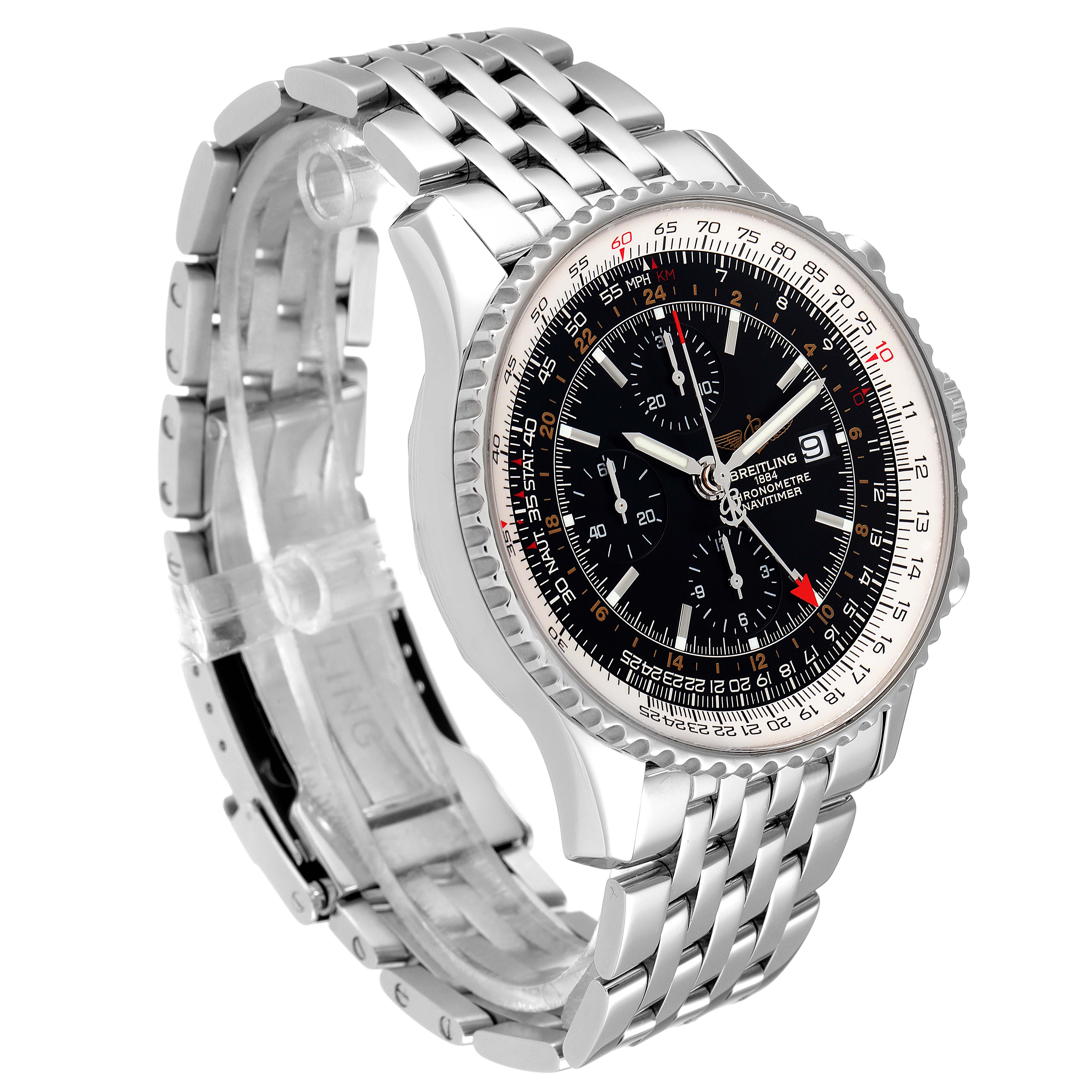 The Breitling Navitimer A24322 Men
s Stainless Steel Black Dial A24322 Men
s Stainless Steel Black Dial watch is shown from a front-left angle, displaying its face, dial, bezel, and metal bracelet.