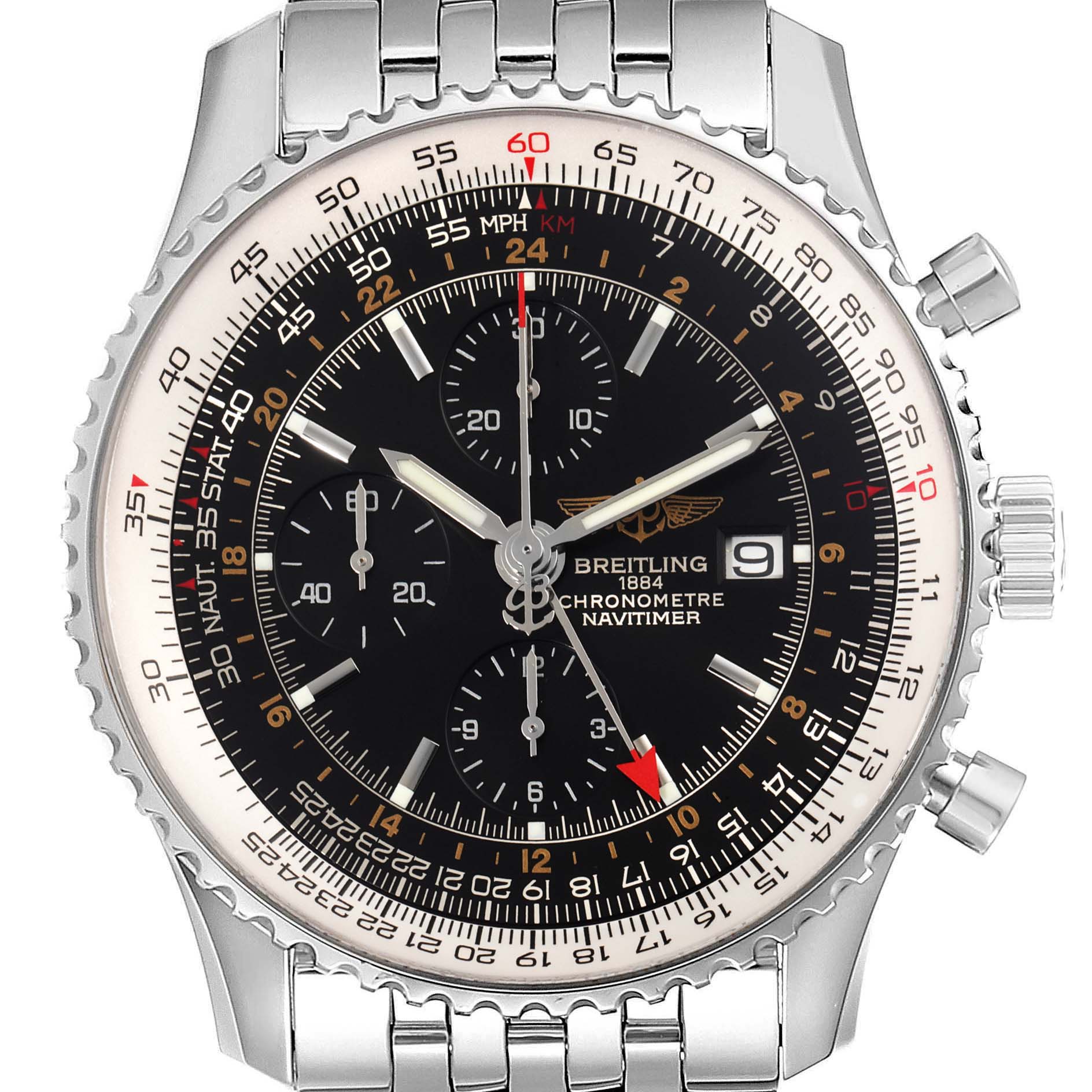 The image shows a front view of the Breitling Navitimer A24322 Men
s Stainless Steel Black Dial A24322 Men
s Stainless Steel Black Dial watch, highlighting its bezel, dial, chronograph subdials, and bracelet.