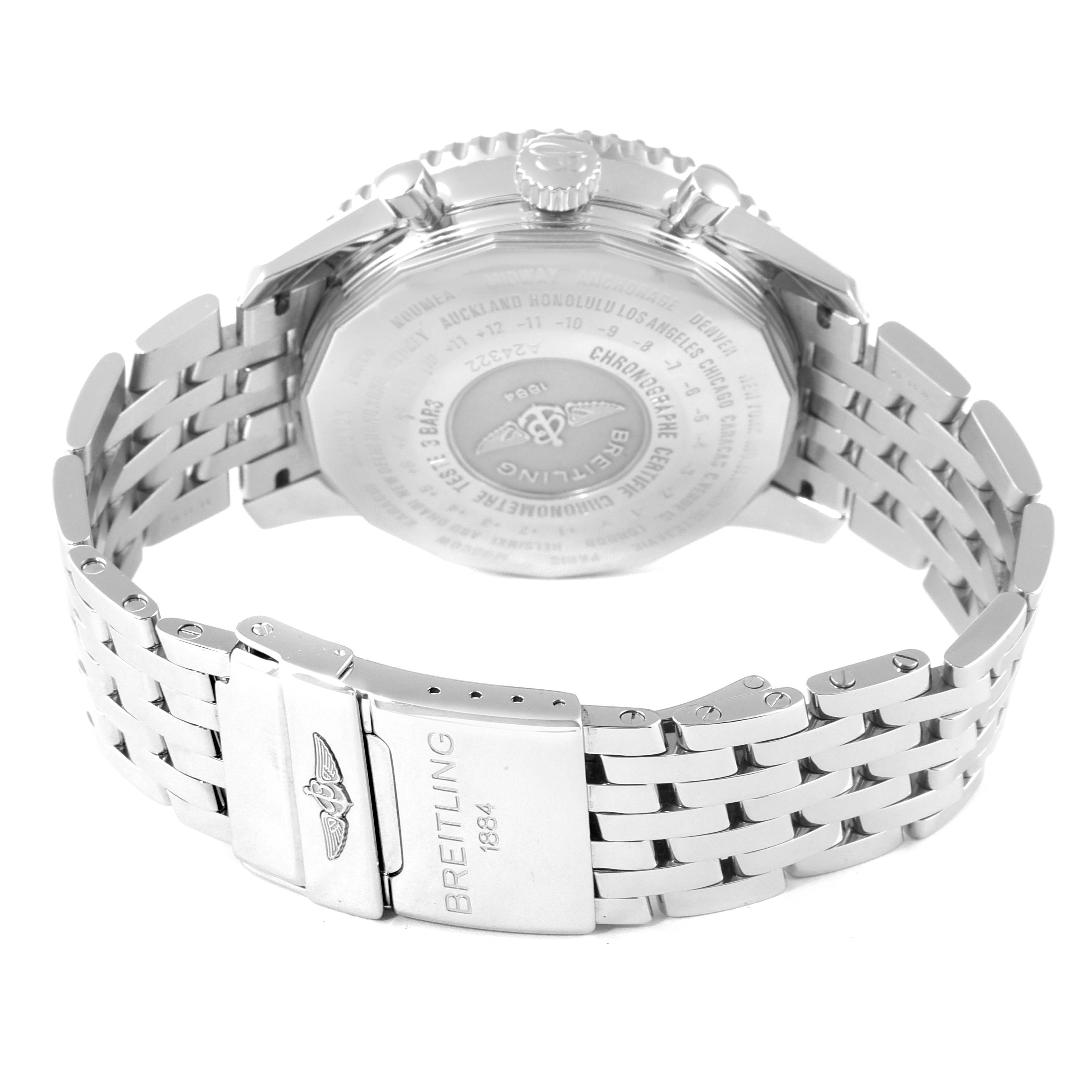 The image shows the back case and stainless steel bracelet of a Breitling Navitimer A24322 Men
s Stainless Steel Black Dial A24322 Men
s Stainless Steel Black Dial watch from a rear angle.