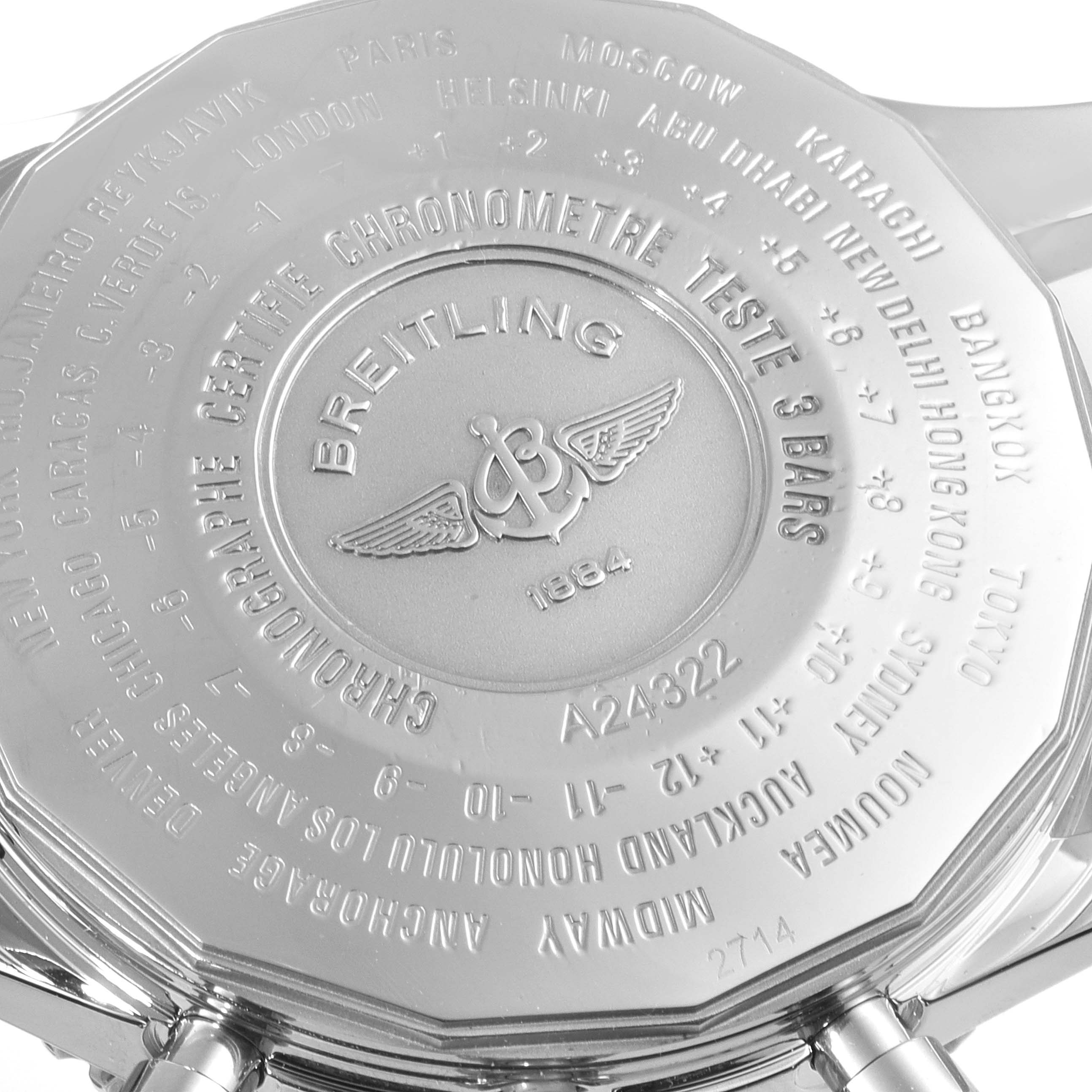 The image shows the back casing of a Breitling Navitimer A24322 Men
s Stainless Steel Black Dial A24322 Men
s Stainless Steel Black Dial watch, displaying engravings and logos.