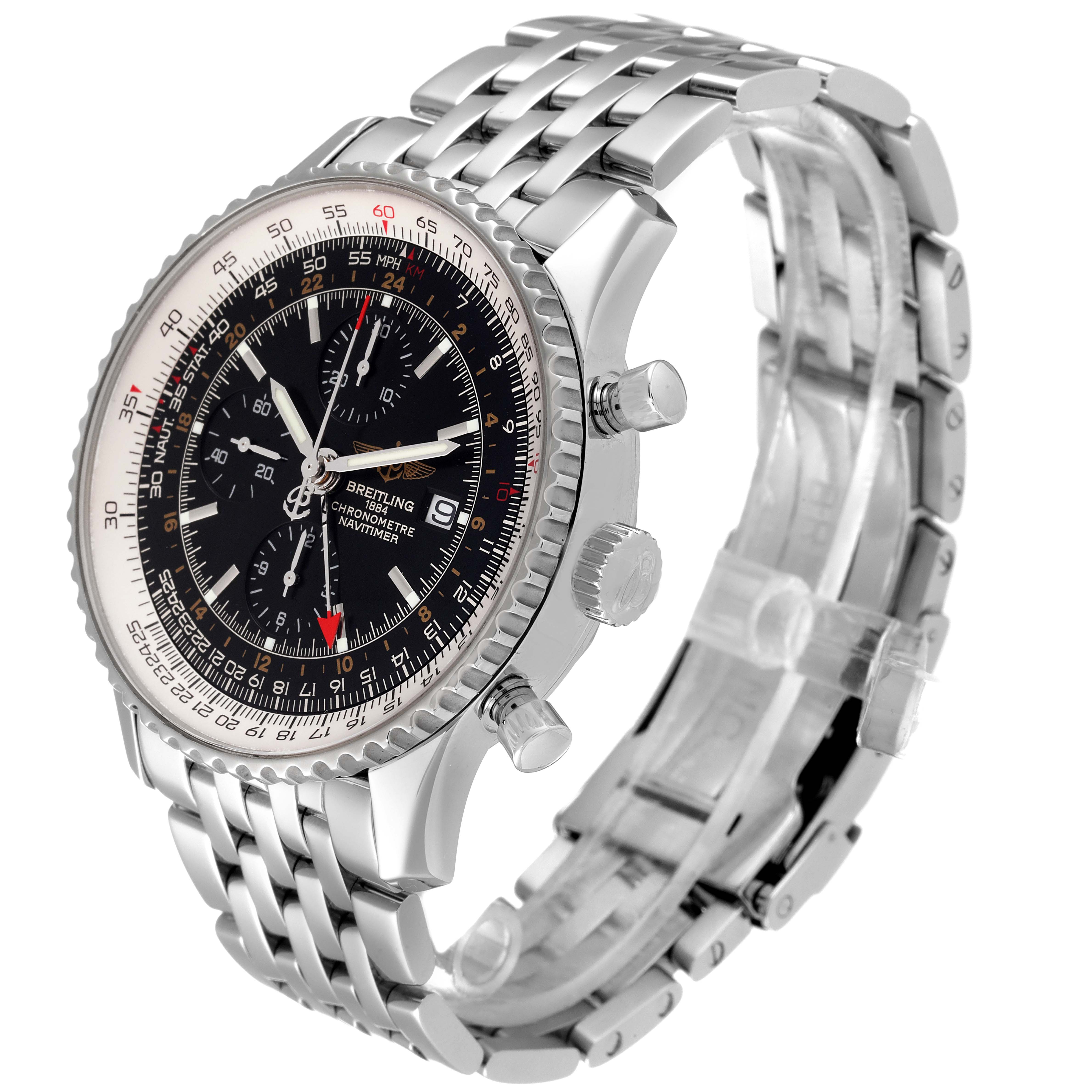 This image shows a Breitling Navitimer A24322 Men
s Stainless Steel Black Dial A24322 Men
s Stainless Steel Black Dial watch at a 3/4 angle, displaying the face, bezel, crown, pushers, and metal bracelet.