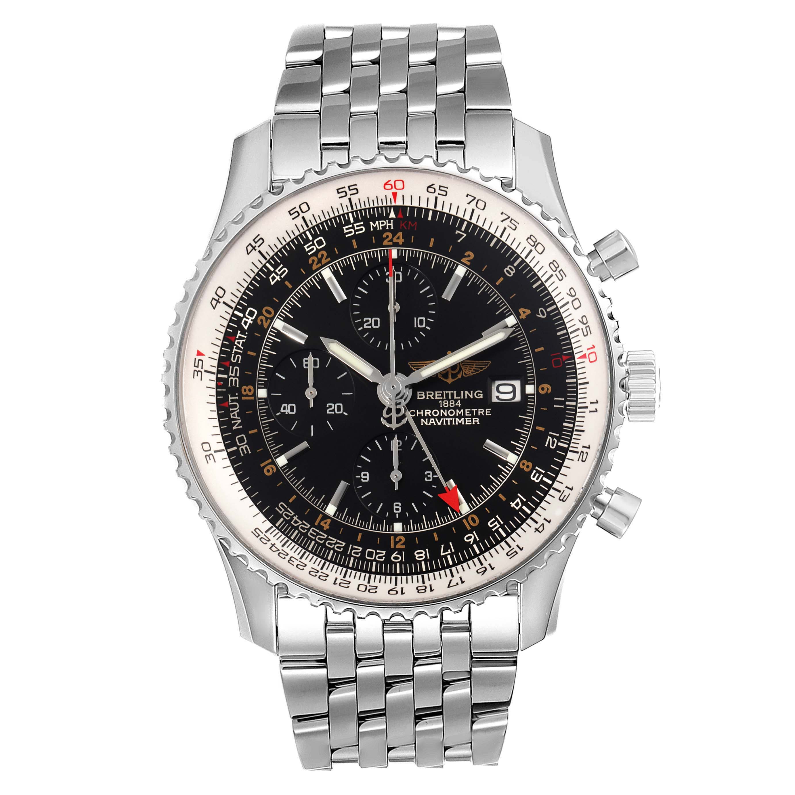 The image shows a frontal view of the Breitling Navitimer A24322 Men
s Stainless Steel Black Dial A24322 Men
s Stainless Steel Black Dial watch, displaying its dial, chronograph sub-dials, and metal bracelet.