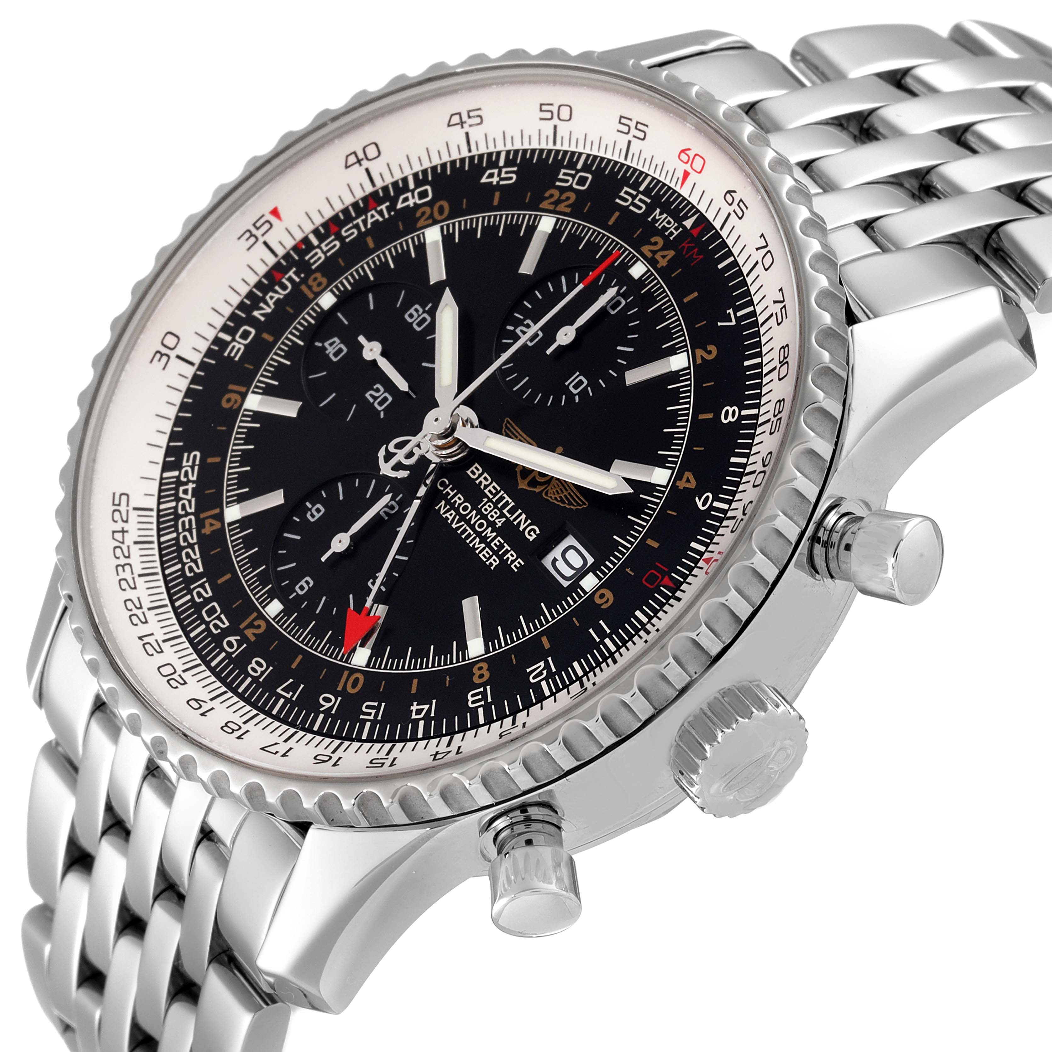 The image shows a side-angle view of a Breitling Navitimer A24322 Men
s Stainless Steel Black Dial A24322 Men
s Stainless Steel Black Dial watch, highlighting its bezel, dial, chronograph sub-dials, and crown.