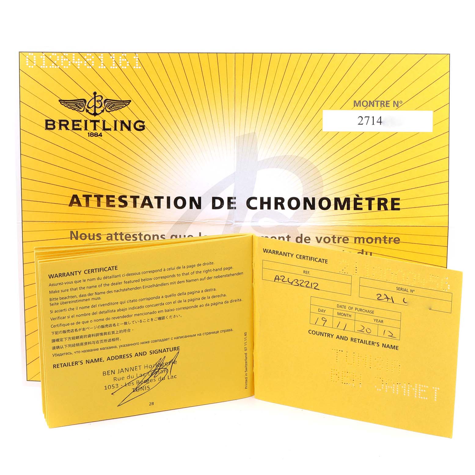 The image shows the warranty certificate and chronometer attestation for a Breitling Navitimer A24322 Men
s Stainless Steel Black Dial A24322 Men
s Stainless Steel Black Dial watch.