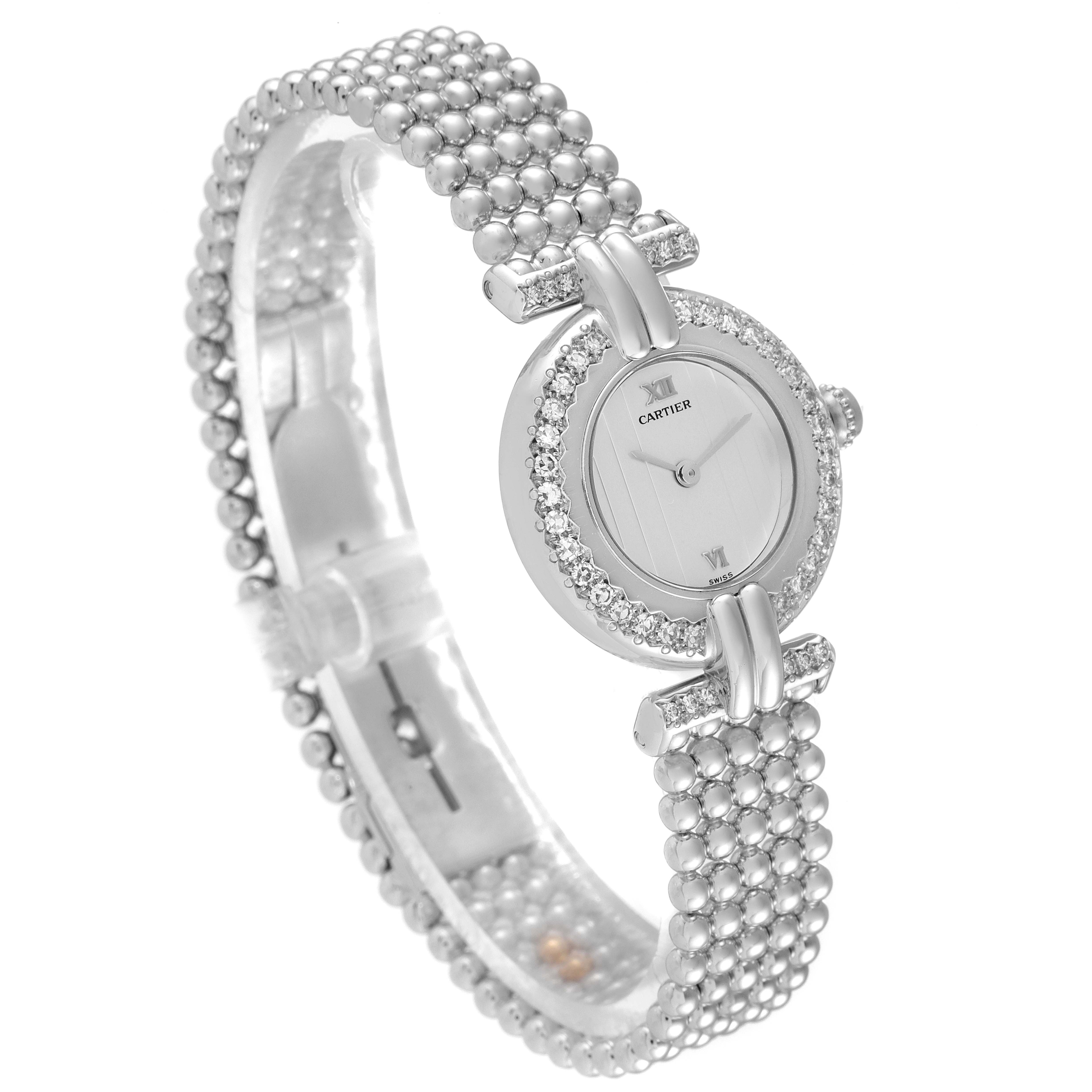 The image shows the Cartier Colisee 1981 Women's White Gold Silver Dial 1981 Women's White Gold Silver Dial watch at a 3/4 angle, highlighting the face, bezel, and bracelet.
