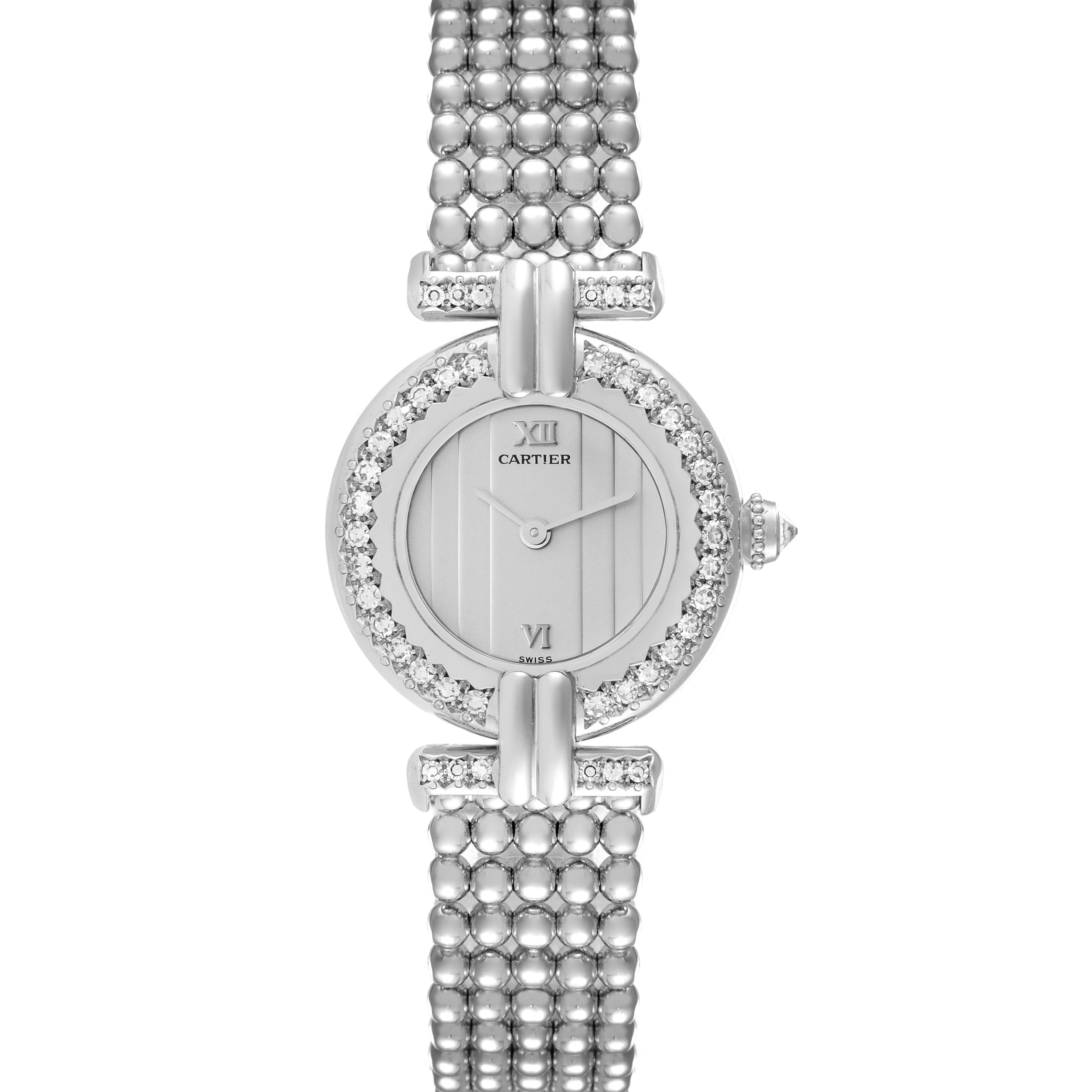 The image shows a front view of the Cartier Colisee 1981 Women's White Gold Silver Dial 1981 Women's White Gold Silver Dial watch, highlighting its dial, bezel, and metal bracelet.