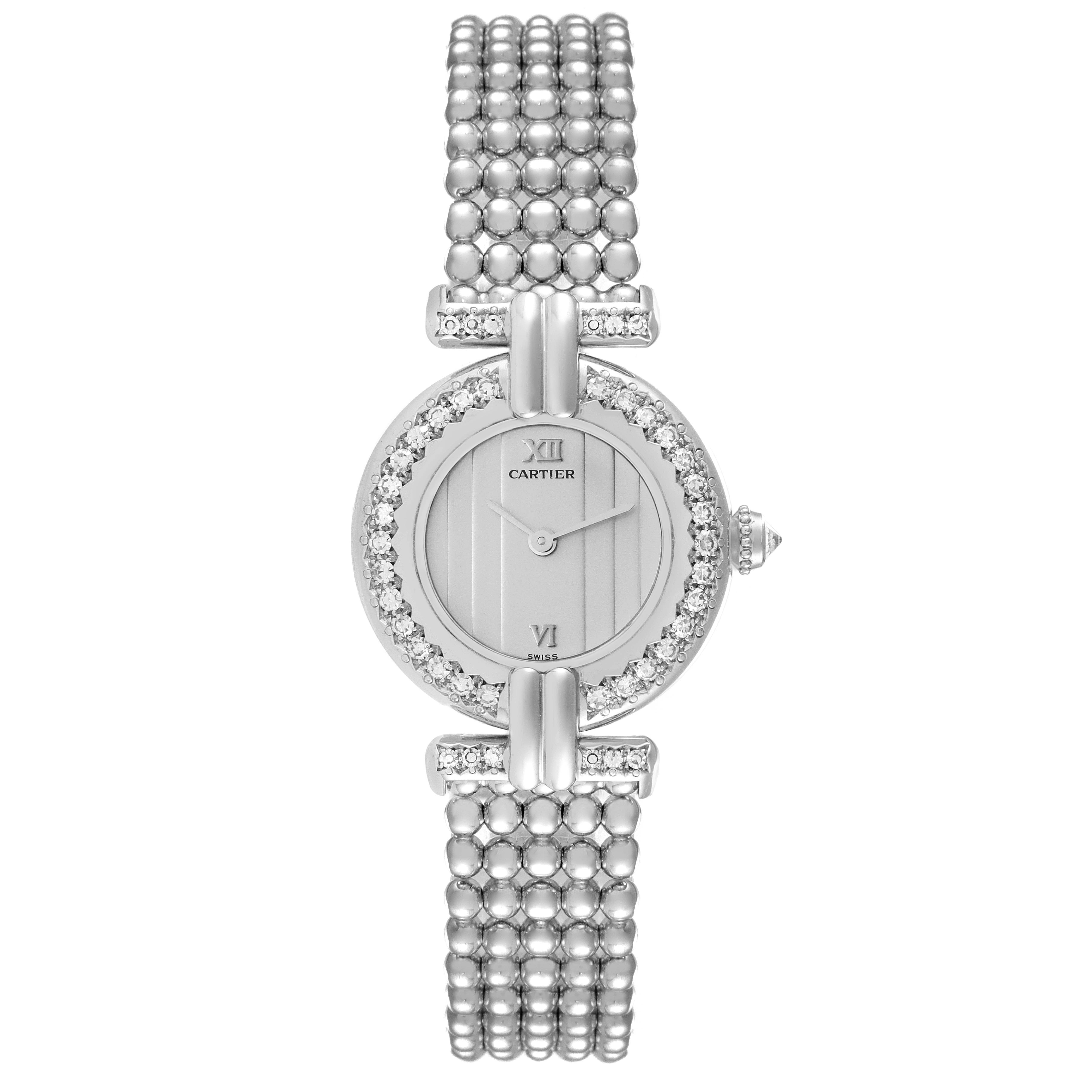 This image shows a front view of a Cartier Colisee 1981 Women's White Gold Silver Dial 1981 Women's White Gold Silver Dial model watch, featuring the face, bezel, and part of the bracelet.