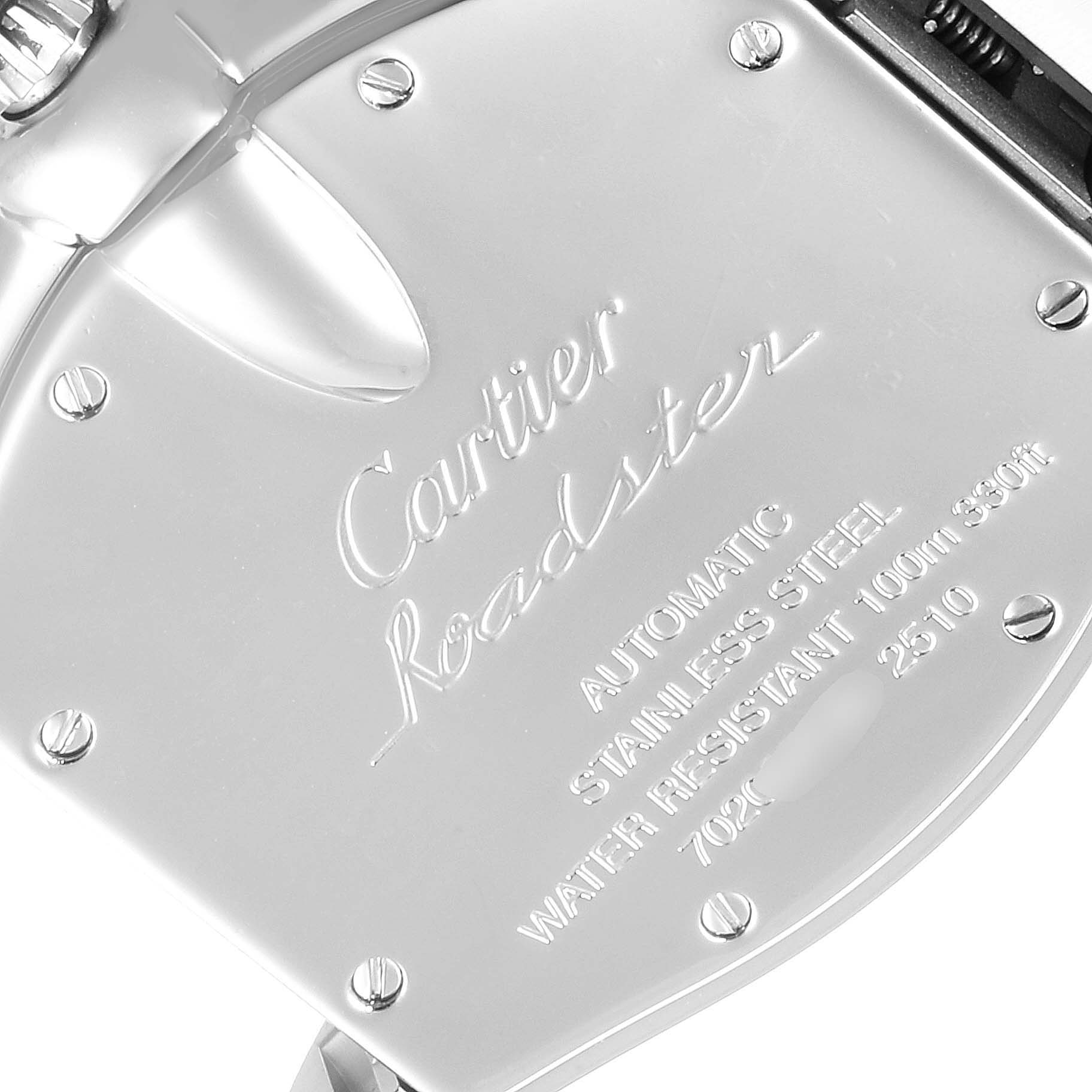 The image shows the back of a Cartier Roadster W62001V3 Men's Stainless Steel Black Dial W62001V3 Men's Stainless Steel Black Dial watch, featuring its engraved details and screws.