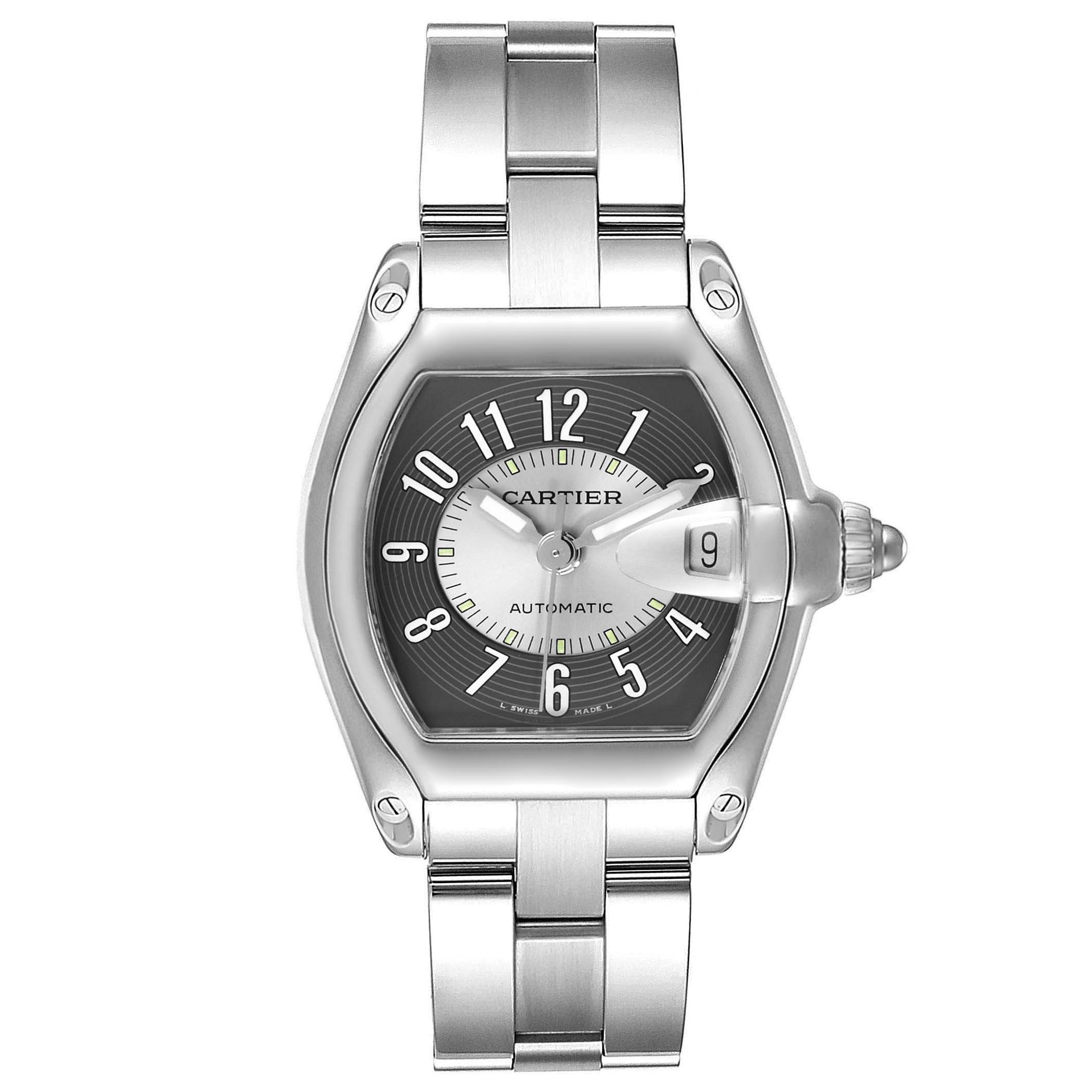 The image shows a front view of the Cartier Roadster W62001V3 Men's Stainless Steel Black Dial W62001V3 Men's Stainless Steel Black Dial watch, displaying the dial, case, bracelet, and date window.