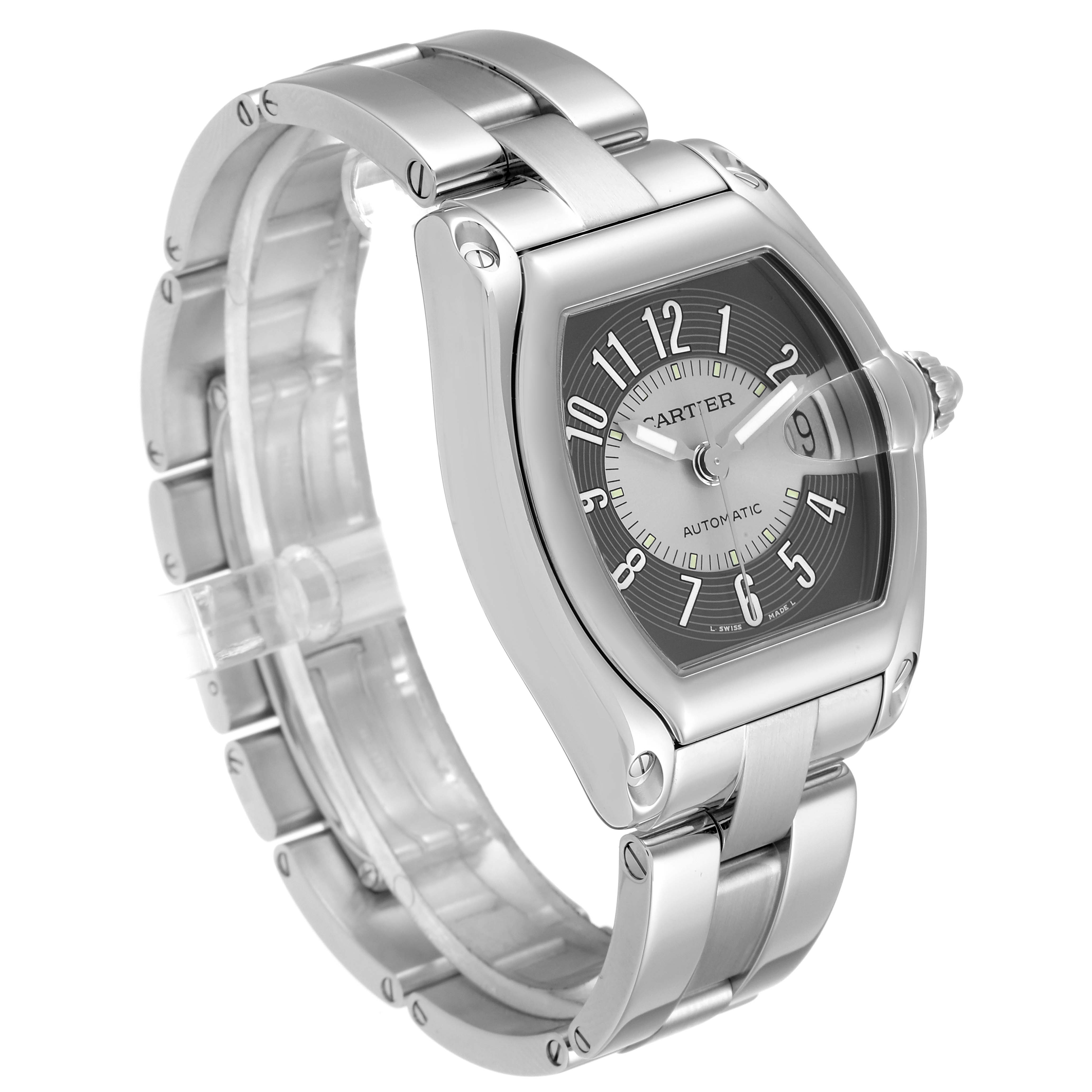 The image shows a Cartier Roadster W62001V3 Men's Stainless Steel Black Dial W62001V3 Men's Stainless Steel Black Dial model watch at an angle showcasing the face, bezel, crown, and bracelet.