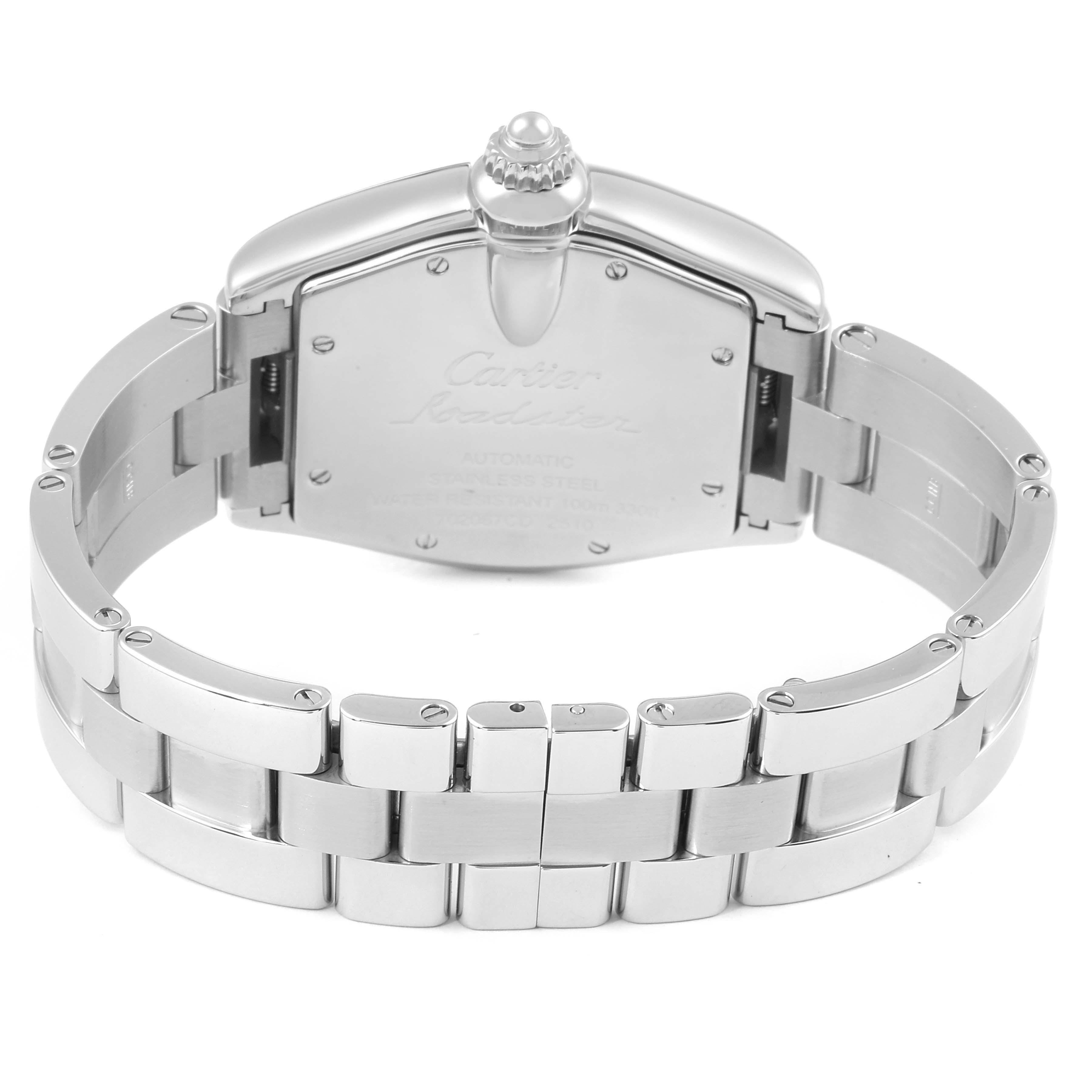 The image shows the back view of the Roadster model by Cartier, highlighting the clasp and stainless steel bracelet.