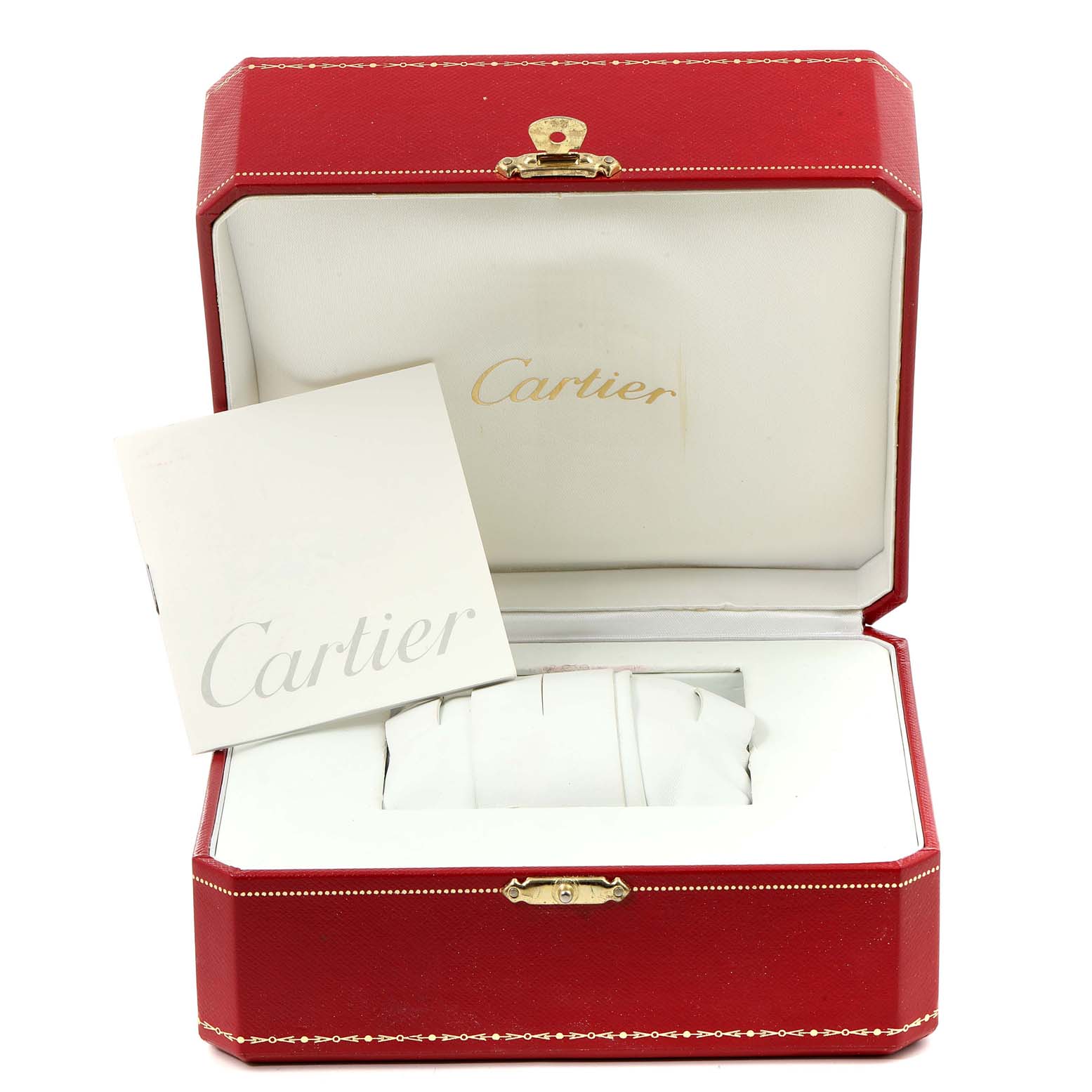 The image shows the Cartier Roadster W62001V3 Men's Stainless Steel Black Dial W62001V3 Men's Stainless Steel Black Dial watch's red presentation box, open with a white cushion and an accompanying booklet.