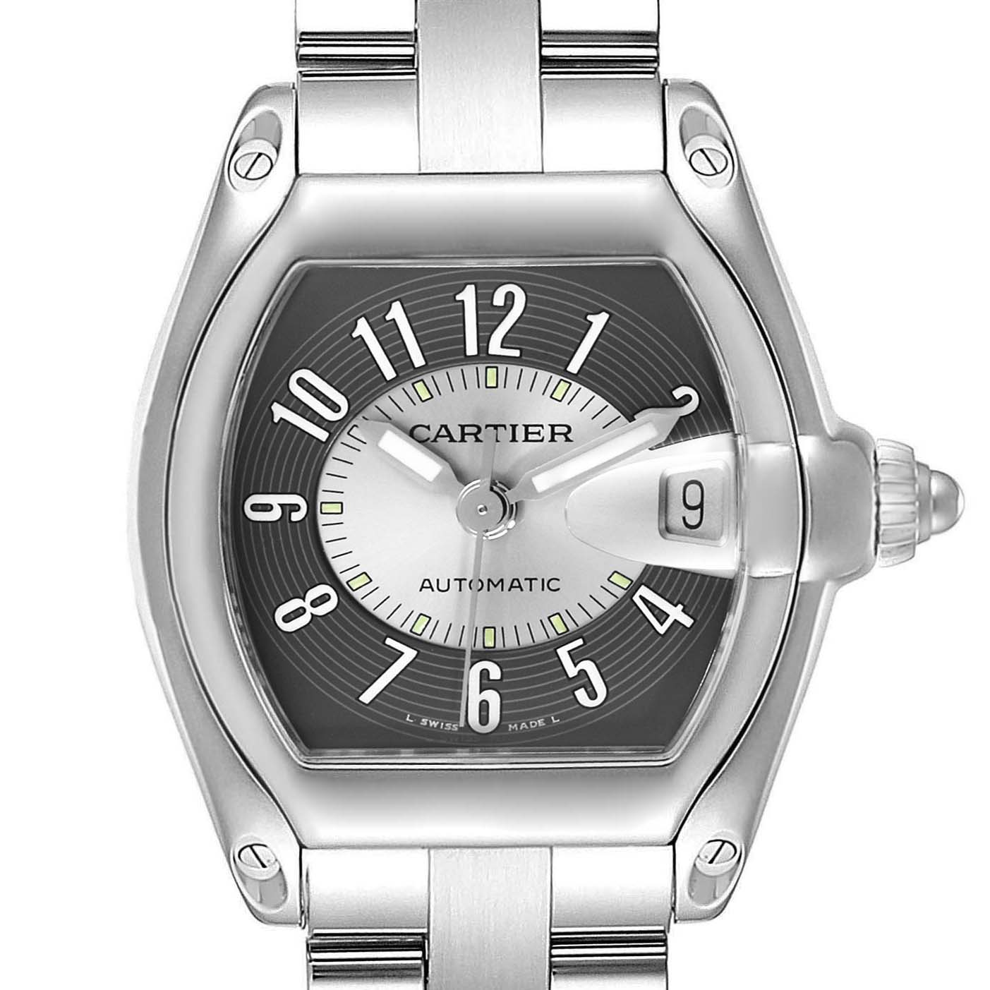 The Cartier Roadster W62001V3 Men's Stainless Steel Black Dial W62001V3 Men's Stainless Steel Black Dial model is shown from a front angle, highlighting the face, bracelet, date window, and crown.