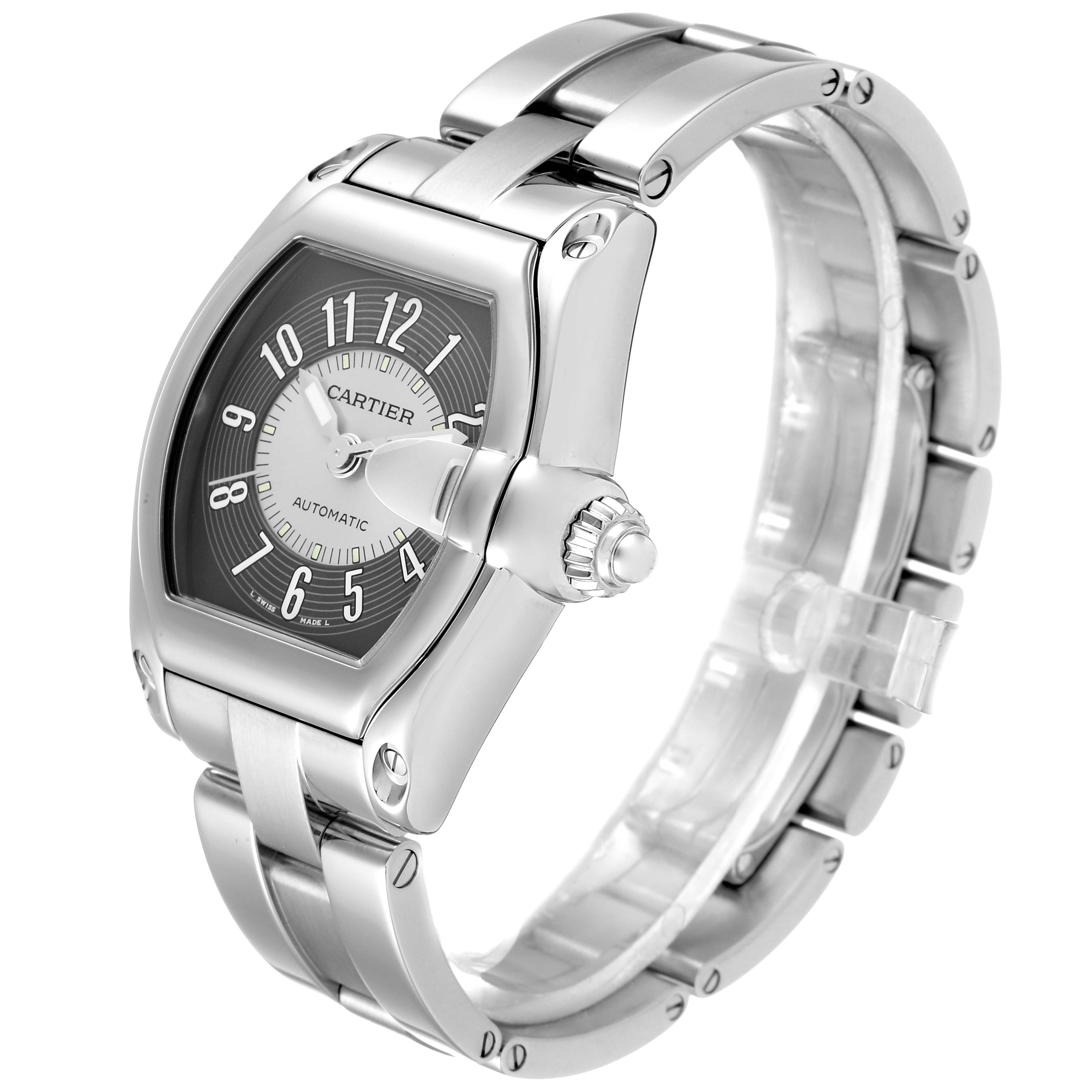 The Cartier Roadster W62001V3 Men's Stainless Steel Black Dial W62001V3 Men's Stainless Steel Black Dial watch is shown at an angle highlighting its face, crown, and bracelet.