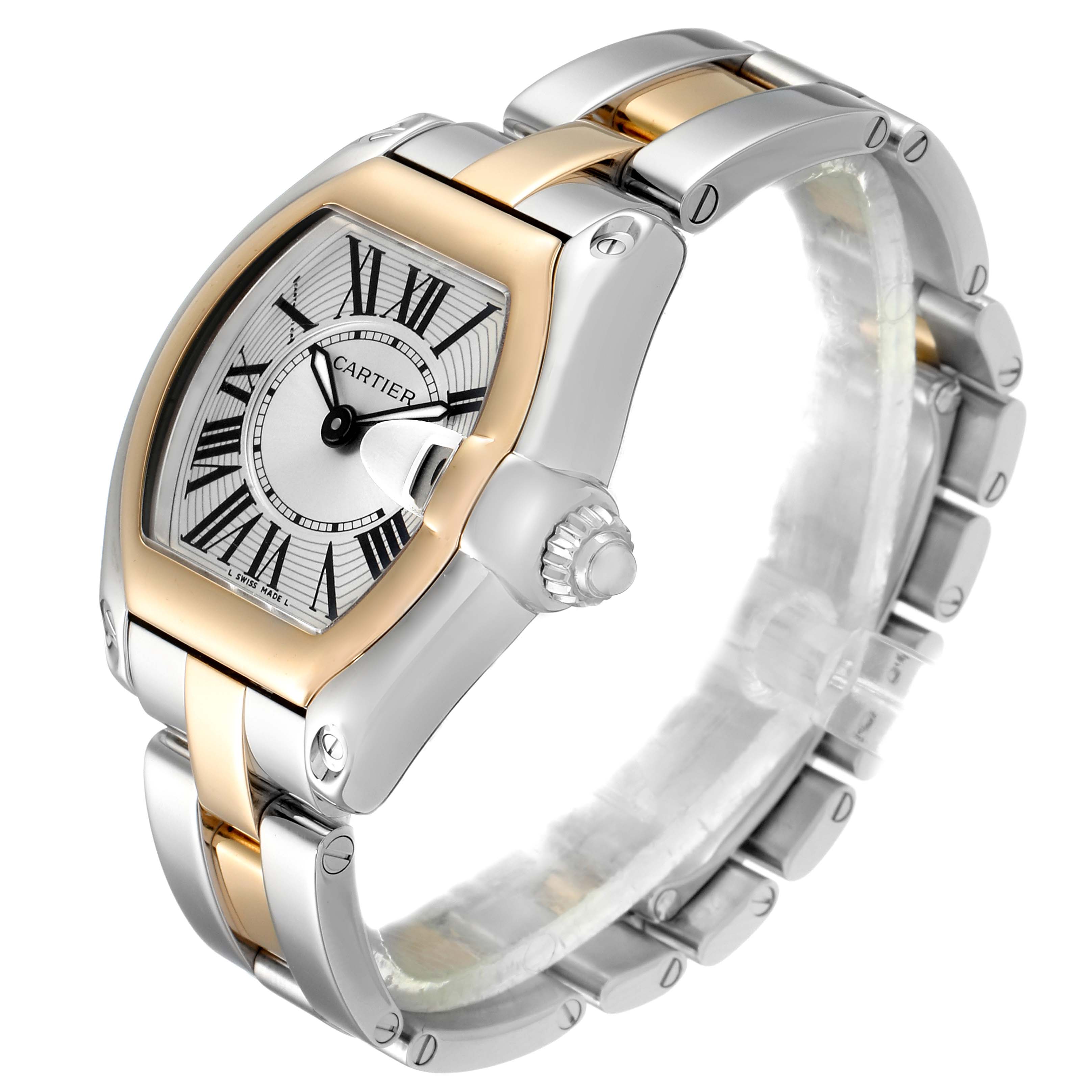 The image shows a Cartier Roadster W62026Y4 Women's Steel and Gold (two tone) Silver Dial W62026Y4 Women's Steel and Gold (two tone) Silver Dial watch at an angled view, highlighting its dial, case, and metal bracelet.