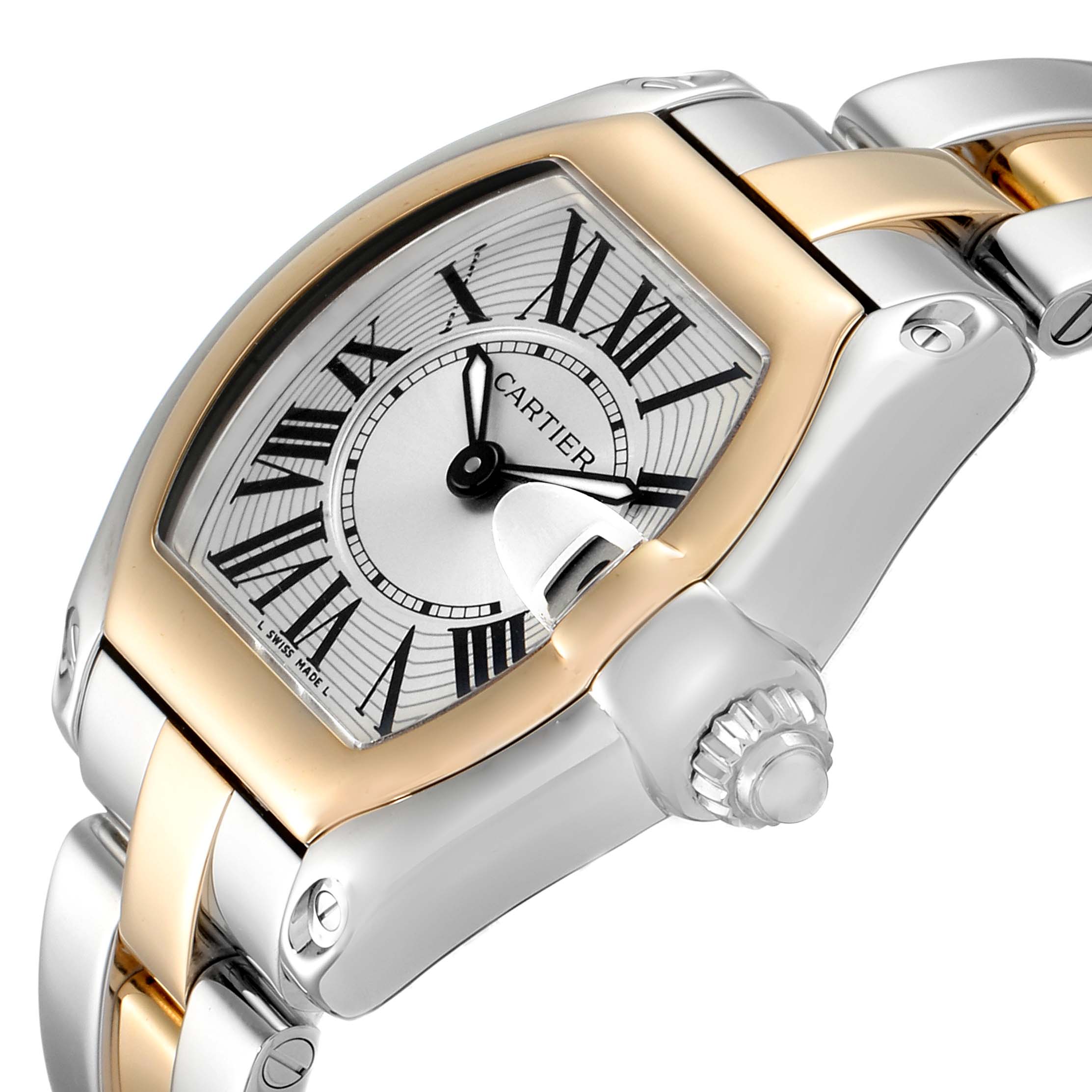 The image shows an angled view of the Cartier Roadster W62026Y4 Women's Steel and Gold (two tone) Silver Dial W62026Y4 Women's Steel and Gold (two tone) Silver Dial watch, highlighting the dial, crown, and part of the bracelet.