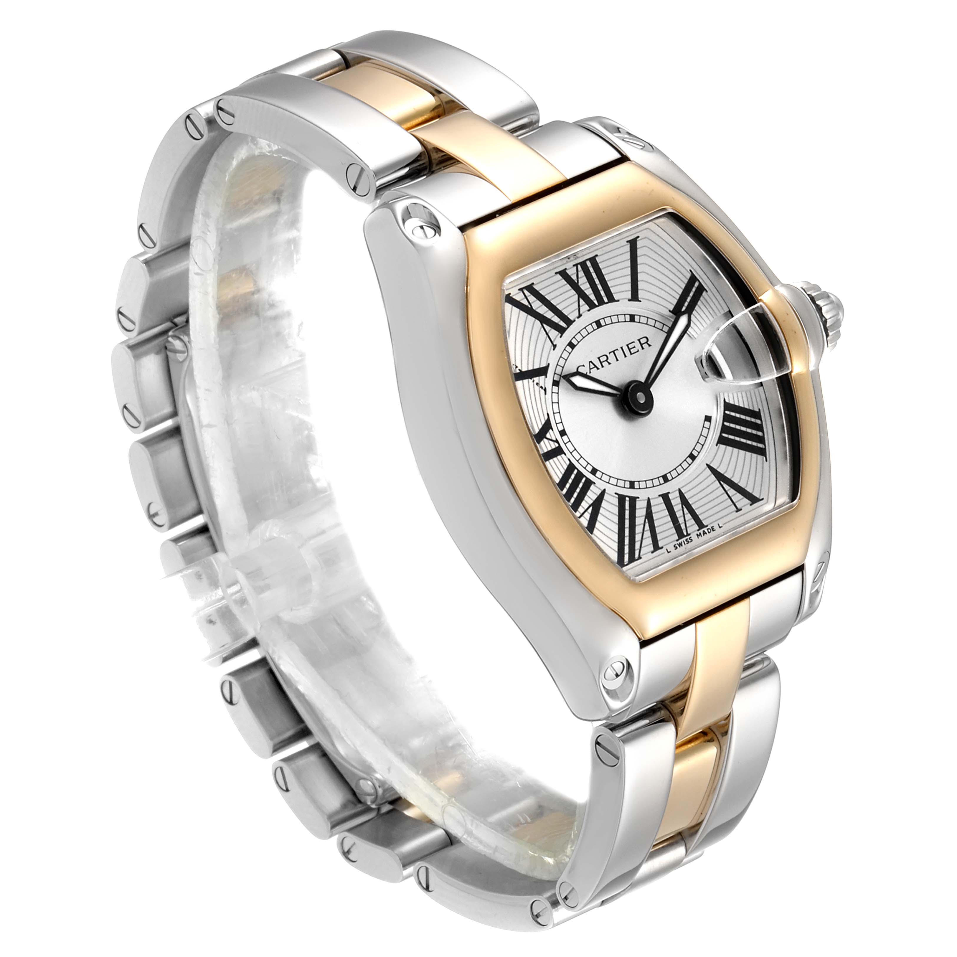 The Cartier Roadster W62026Y4 Women's Steel and Gold (two tone) Silver Dial W62026Y4 Women's Steel and Gold (two tone) Silver Dial watch is shown at a top-left angle, displaying the face, bezel, and part of the bracelet.