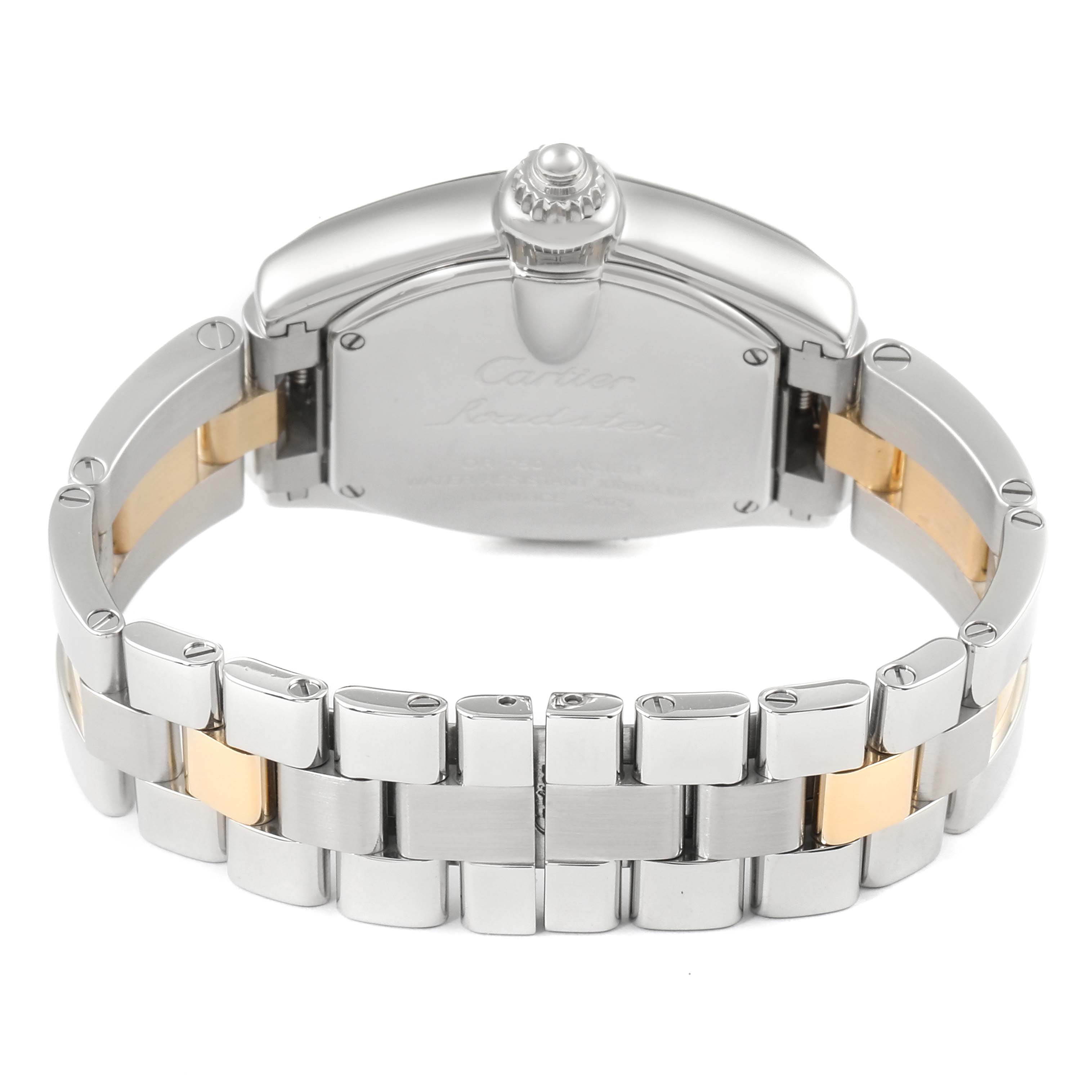 The image shows the back view of a Cartier Roadster W62026Y4 Women's Steel and Gold (two tone) Silver Dial W62026Y4 Women's Steel and Gold (two tone) Silver Dial watch, highlighting the case back and metal bracelet.