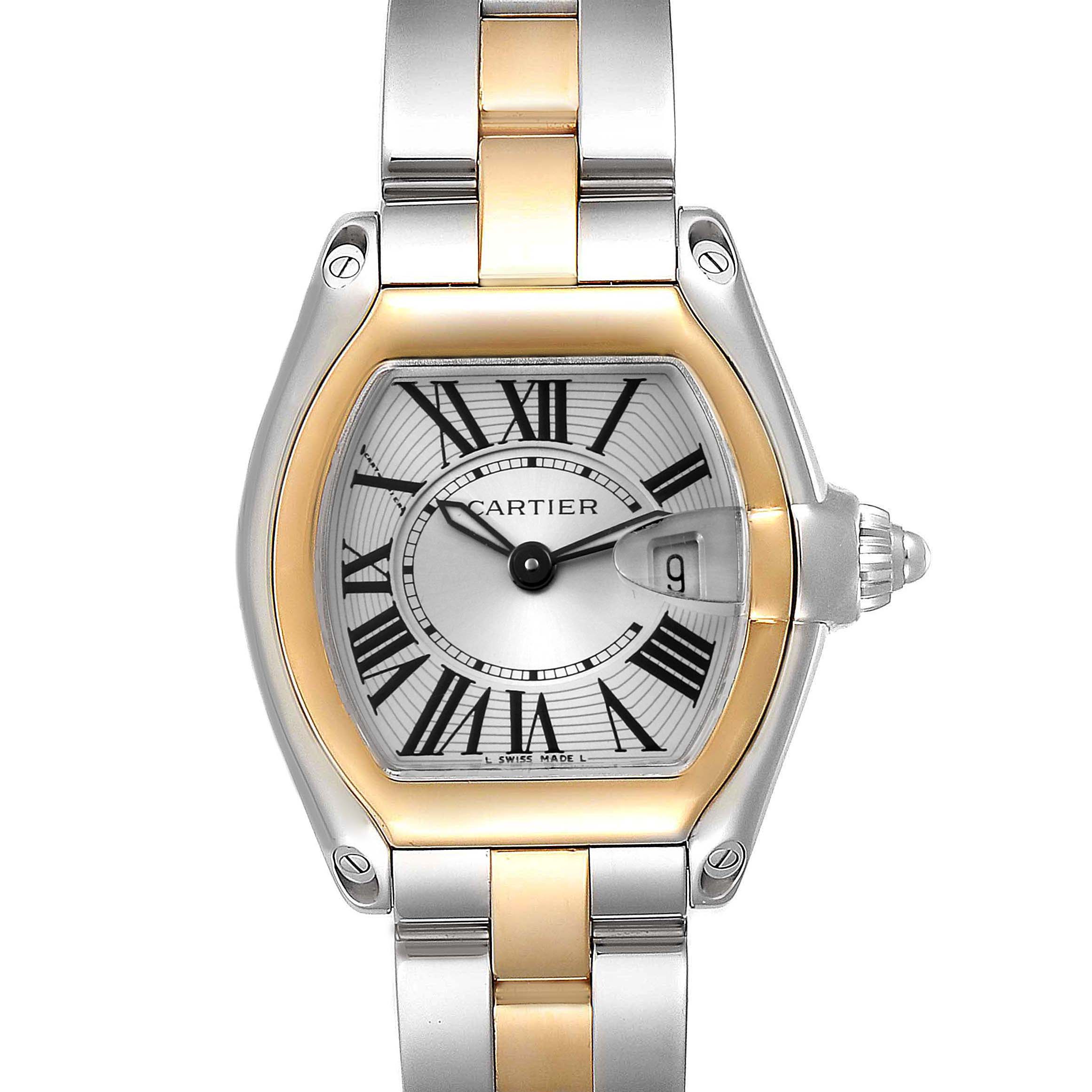 The image shows a Cartier Roadster W62026Y4 Women's Steel and Gold (two tone) Silver Dial W62026Y4 Women's Steel and Gold (two tone) Silver Dial watch from a frontal angle, highlighting its face, bezel, crown, and part of the bracelet.