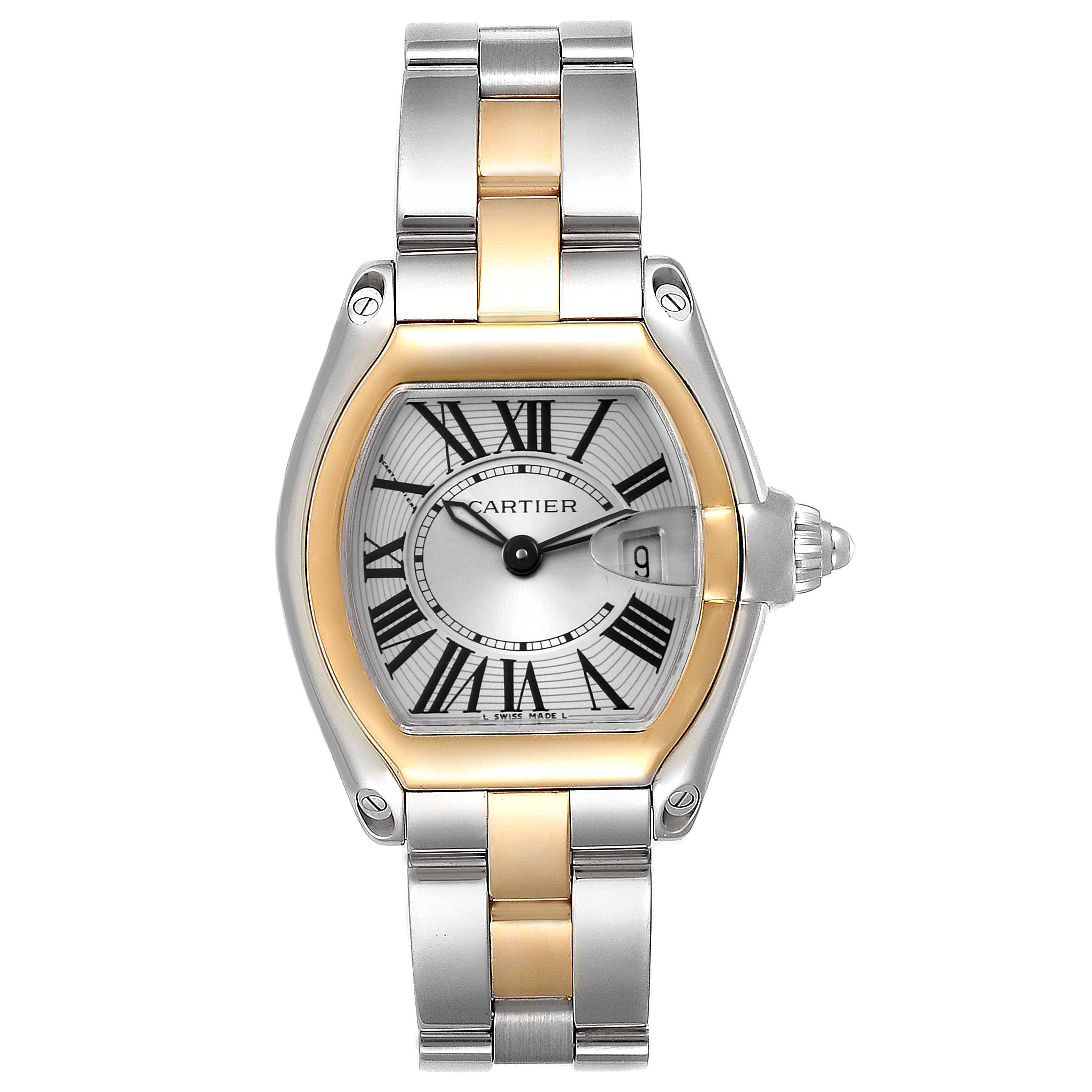 The image shows a front view of the Cartier Roadster W62026Y4 Women's Steel and Gold (two tone) Silver Dial W62026Y4 Women's Steel and Gold (two tone) Silver Dial watch, highlighting its two-tone band and Roman numeral dial.