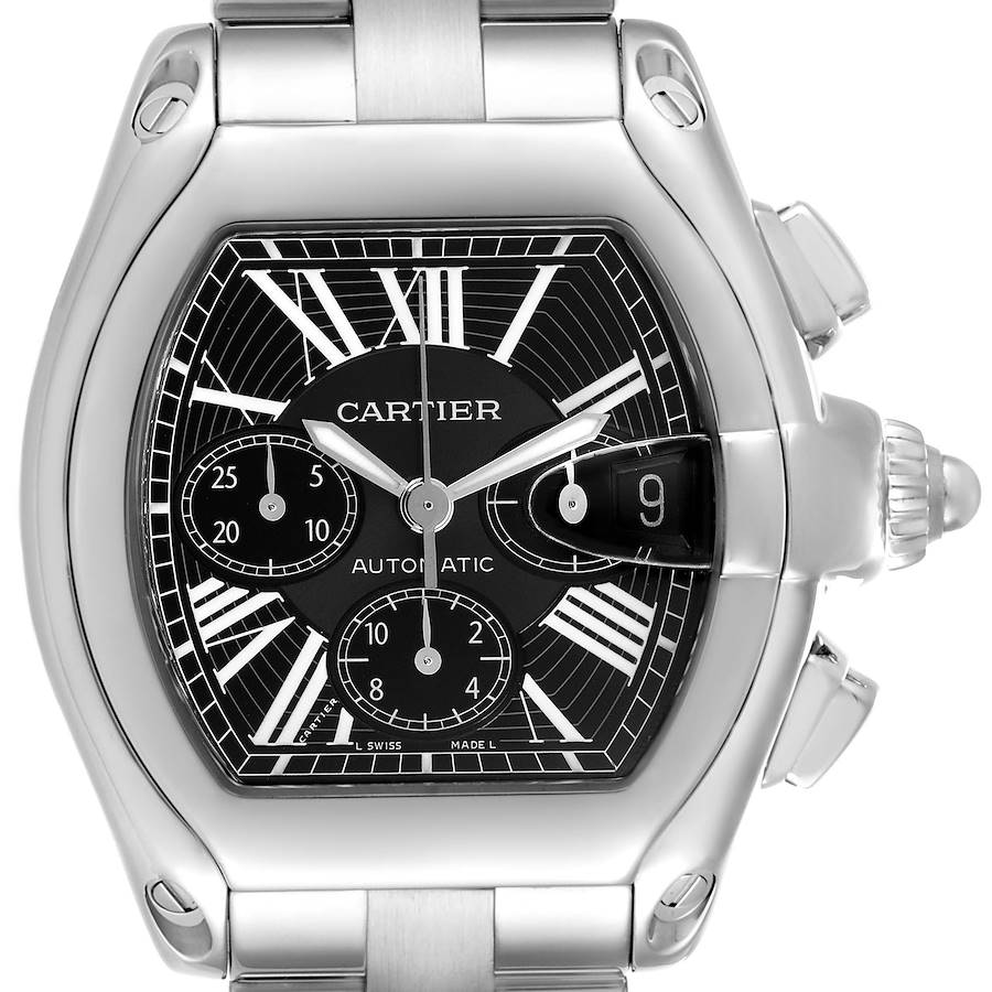 The Cartier Roadster watch is shown from the front, displaying its dial, bezel, and portion of the bracelet.