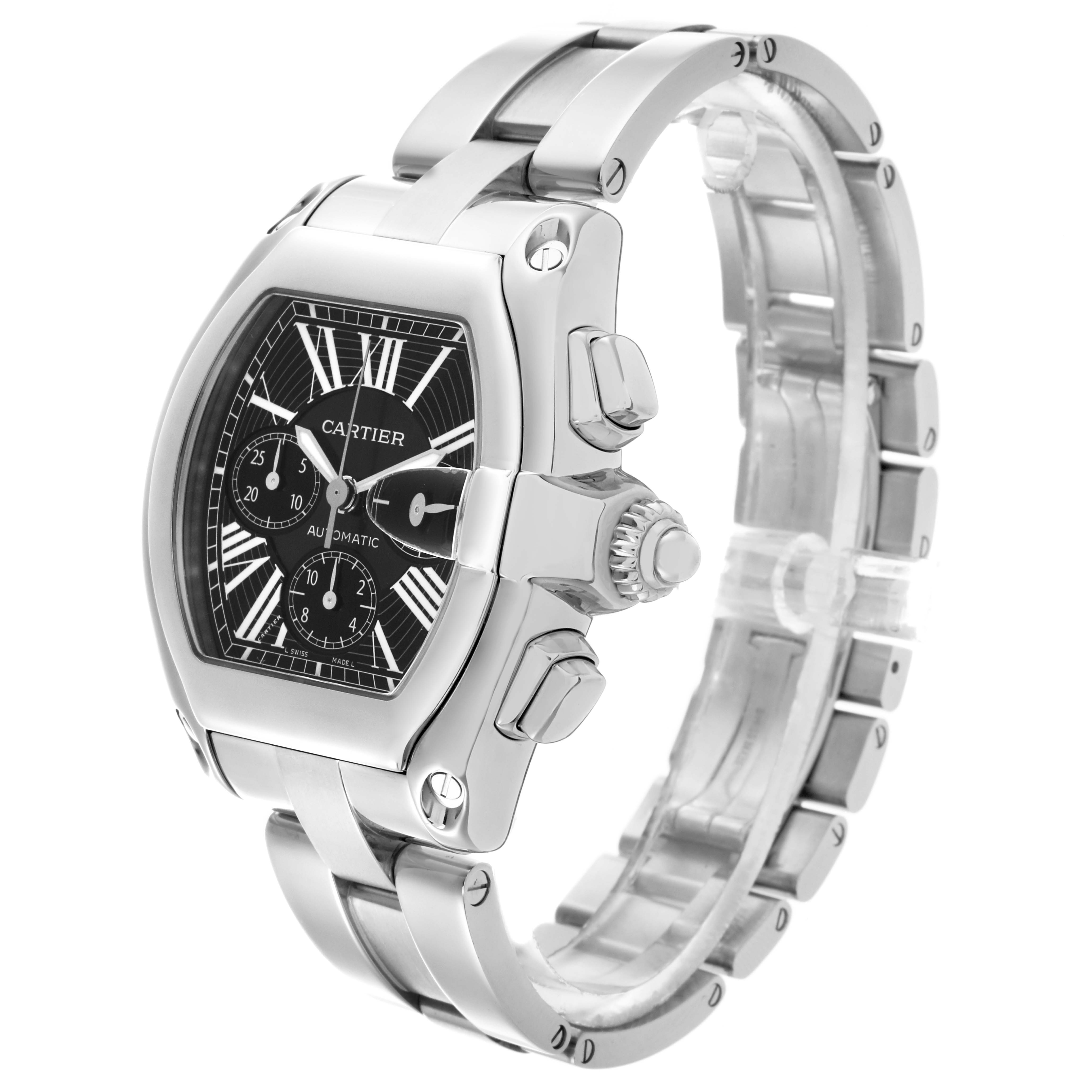 The Cartier Roadster W62020X6 Men's Stainless Steel Black Dial W62020X6 Men's Stainless Steel Black Dial watch is shown at a three-quarter angle, highlighting the face, crown, and a partial bracelet.