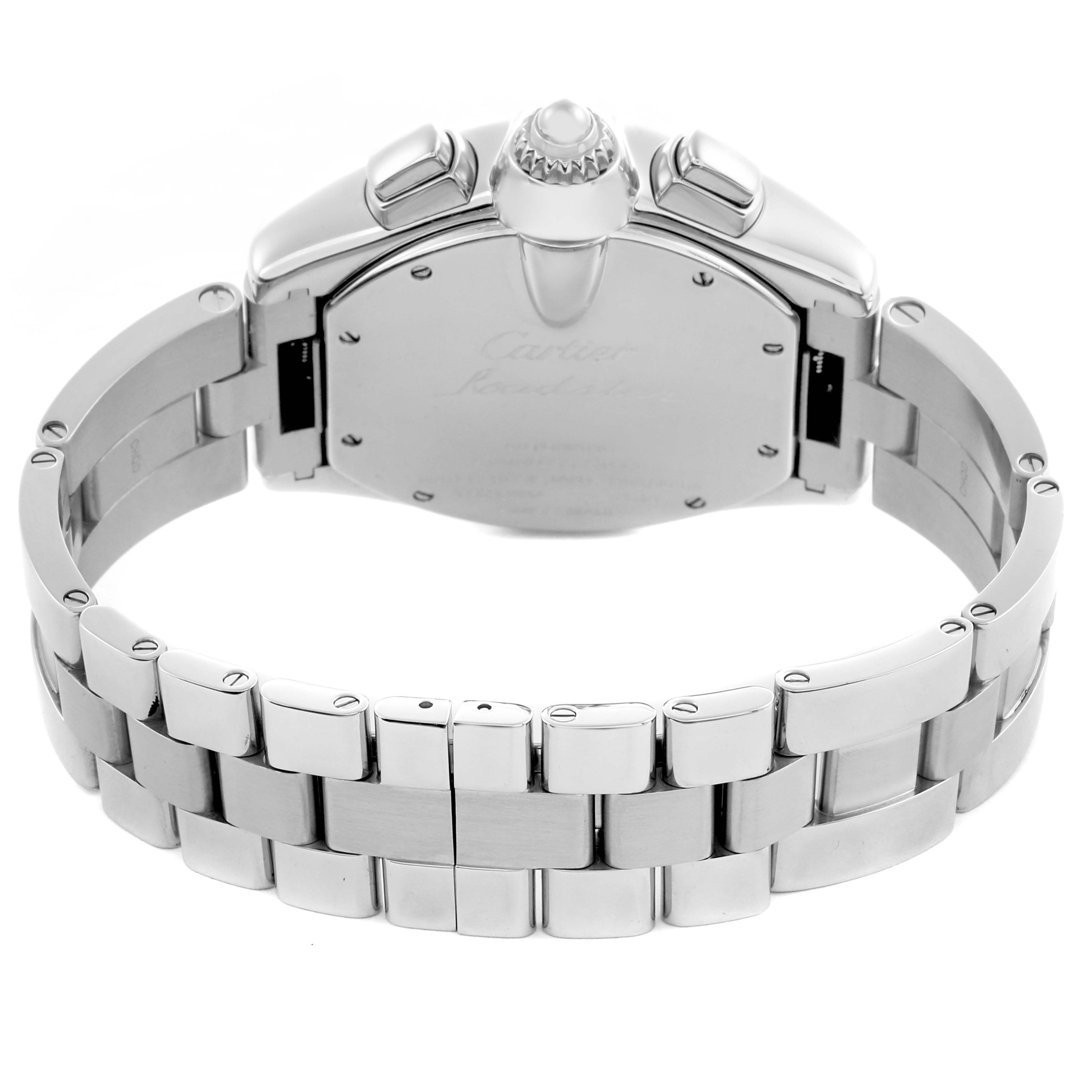 The Cartier Roadster W62020X6 Men's Stainless Steel Black Dial W62020X6 Men's Stainless Steel Black Dial watch is shown from the back, highlighting the case and metal bracelet.