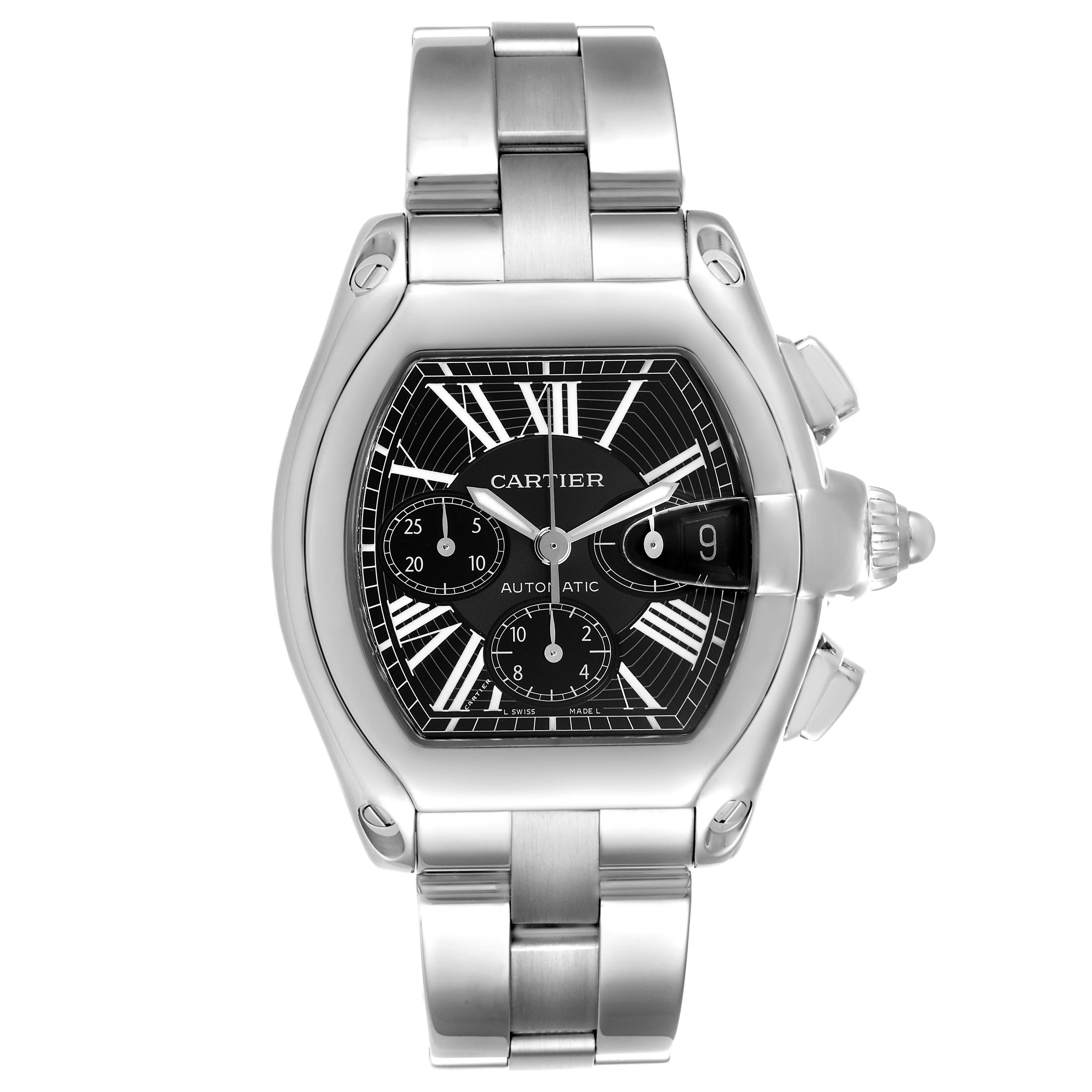 The Cartier Roadster W62020X6 Men's Stainless Steel Black Dial W62020X6 Men's Stainless Steel Black Dial watch is shown from a front angle, highlighting the dial, bracelet, and crown.