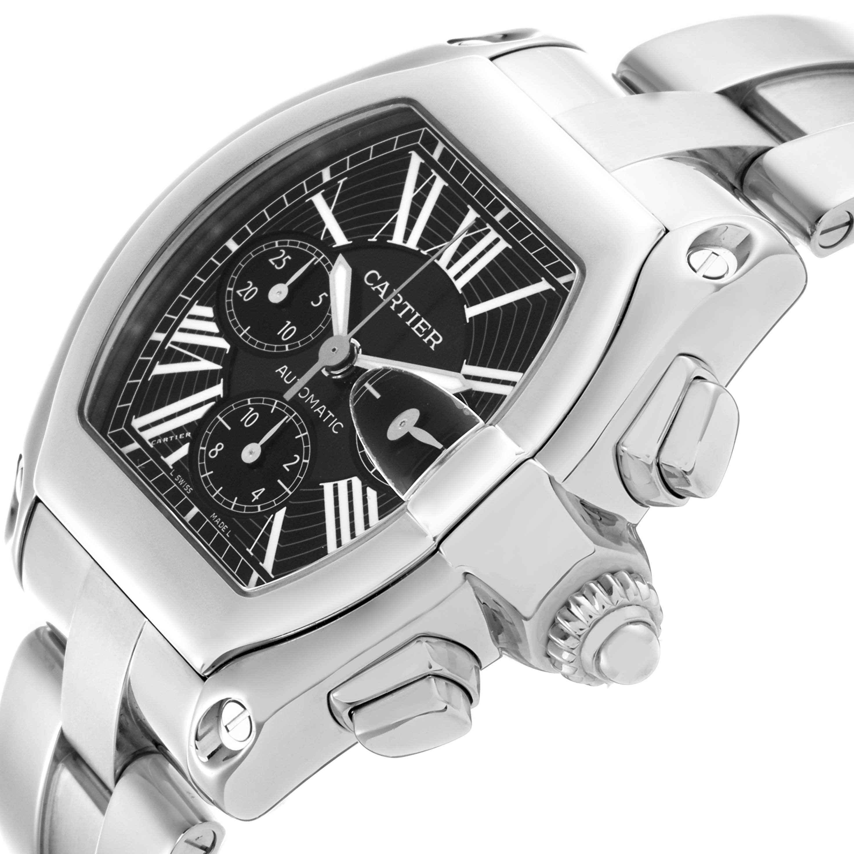 The image shows a Cartier Roadster W62020X6 Men's Stainless Steel Black Dial W62020X6 Men's Stainless Steel Black Dial watch at a slight angle, highlighting the dial, Roman numerals, pushers, and a crown.
