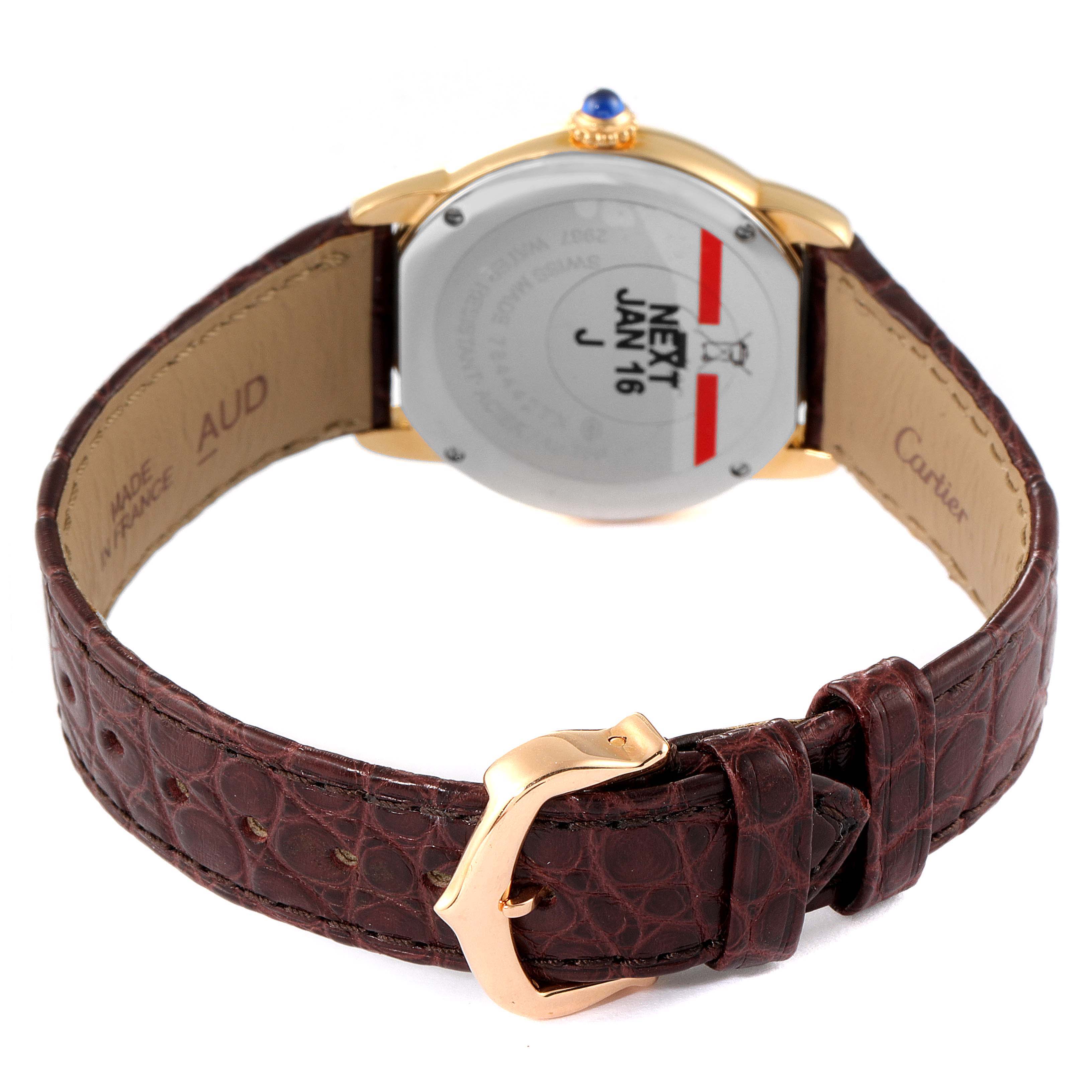 This image shows the back and strap of a Ronde model Cartier watch, highlighting its leather strap and buckle.