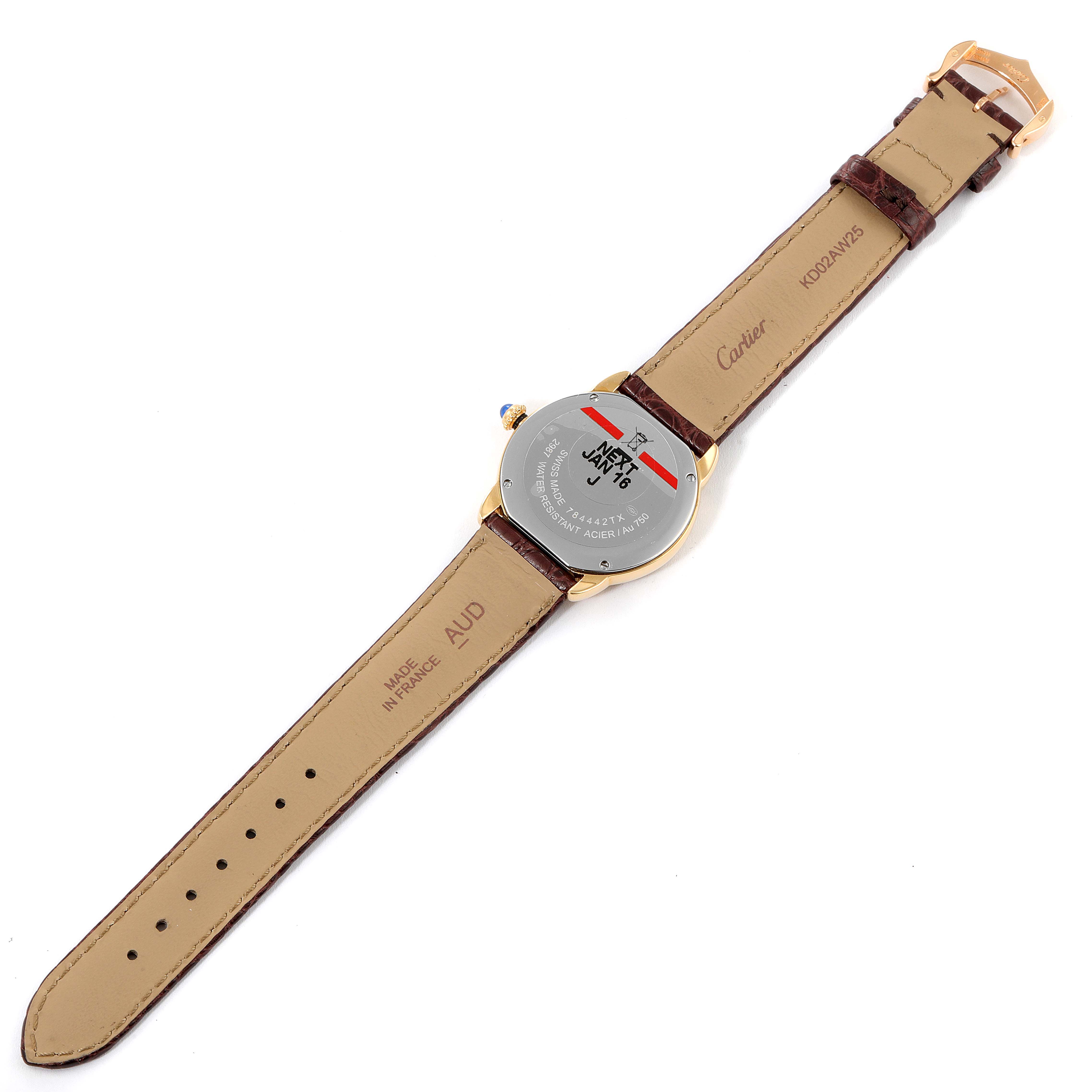 This image shows the back view of a Cartier Ronde W6700355 Women's Yellow Gold Silver Dial W6700355 Women's Yellow Gold Silver Dial model watch, displaying the strap and case back.