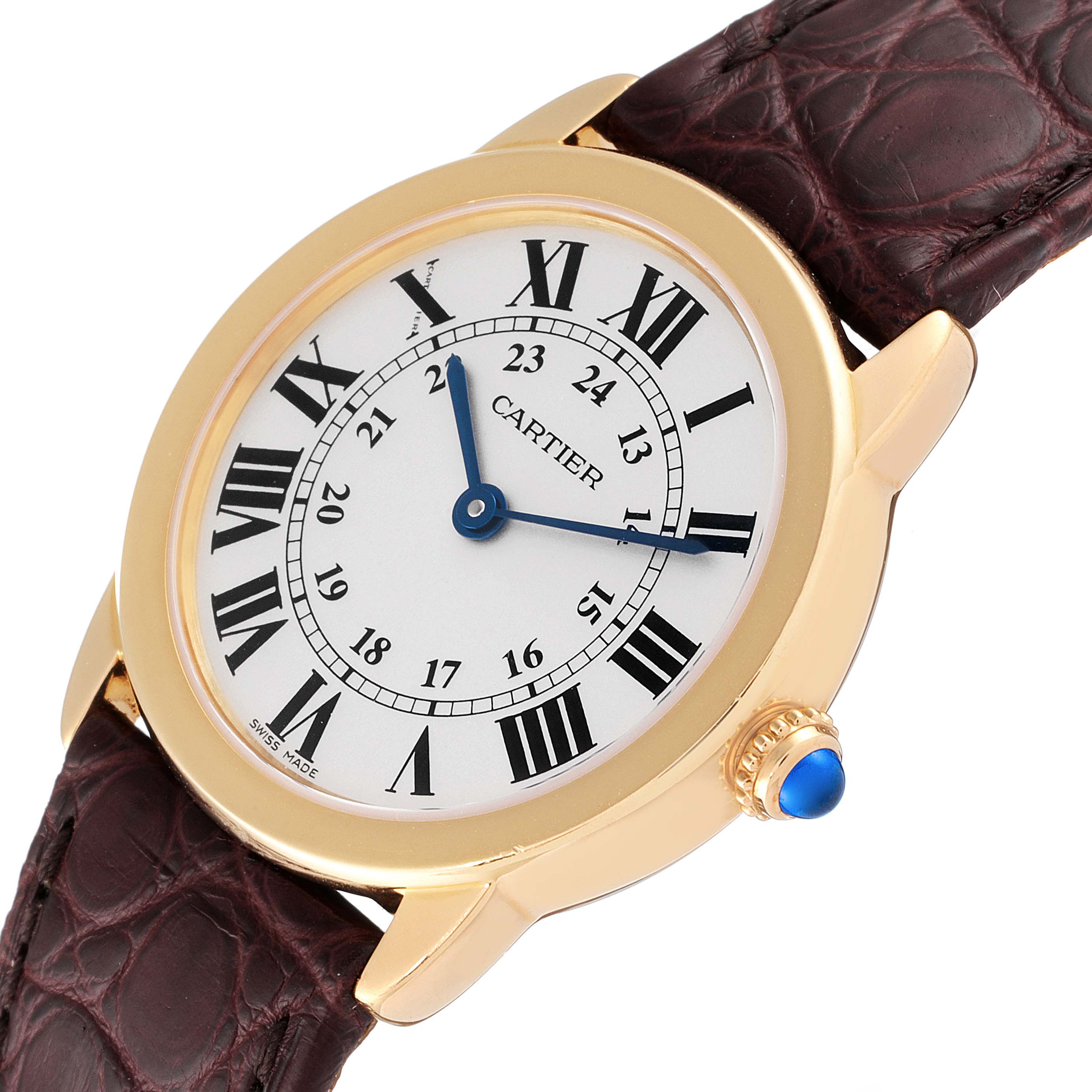 The image shows a close-up top view of the Cartier Ronde W6700355 Women's Yellow Gold Silver Dial W6700355 Women's Yellow Gold Silver Dial watch, highlighting the face, bezel, crown, and leather strap.
