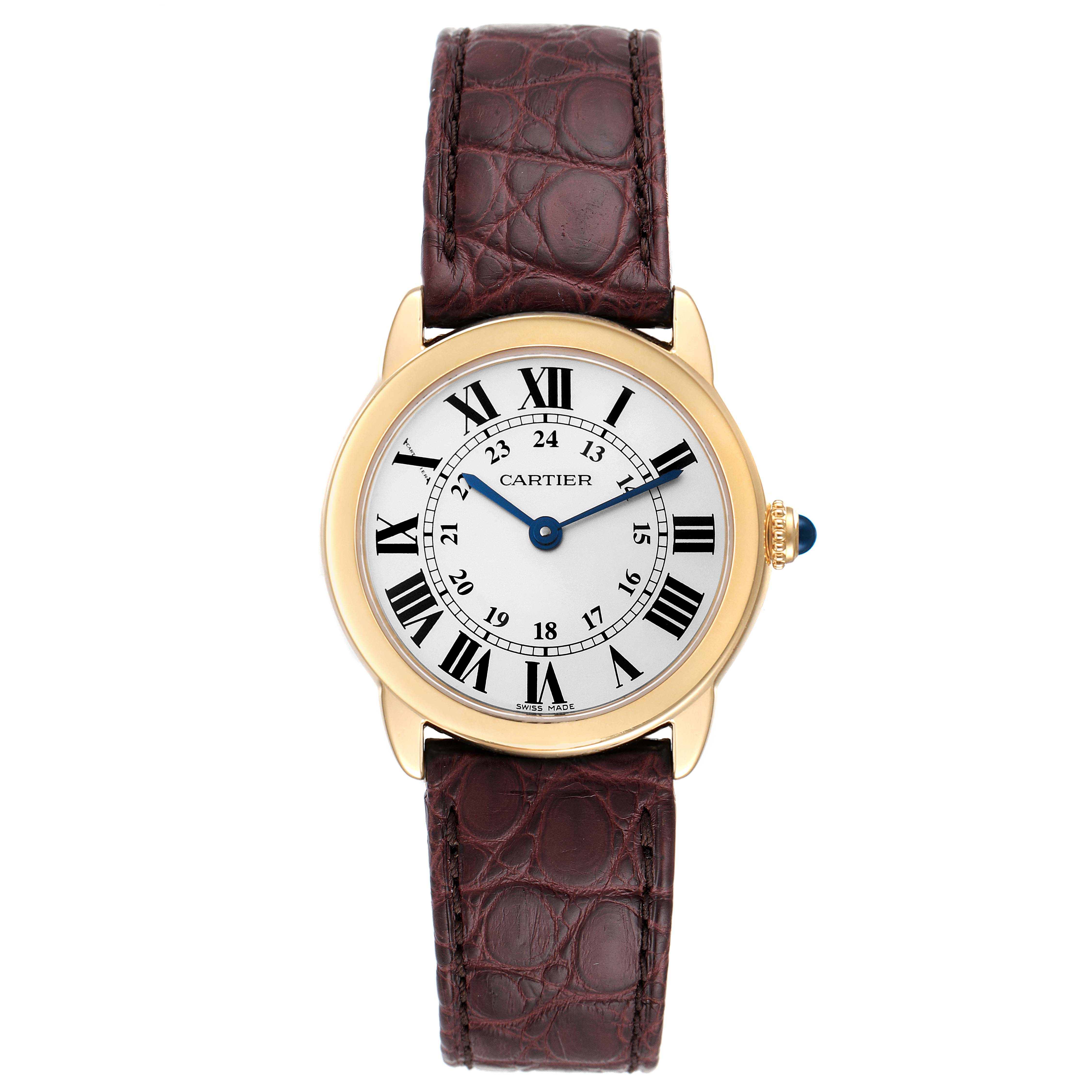 The Cartier Ronde W6700355 Women's Yellow Gold Silver Dial W6700355 Women's Yellow Gold Silver Dial model watch is shown from a front angle, highlighting its dial, bezel, and leather strap.