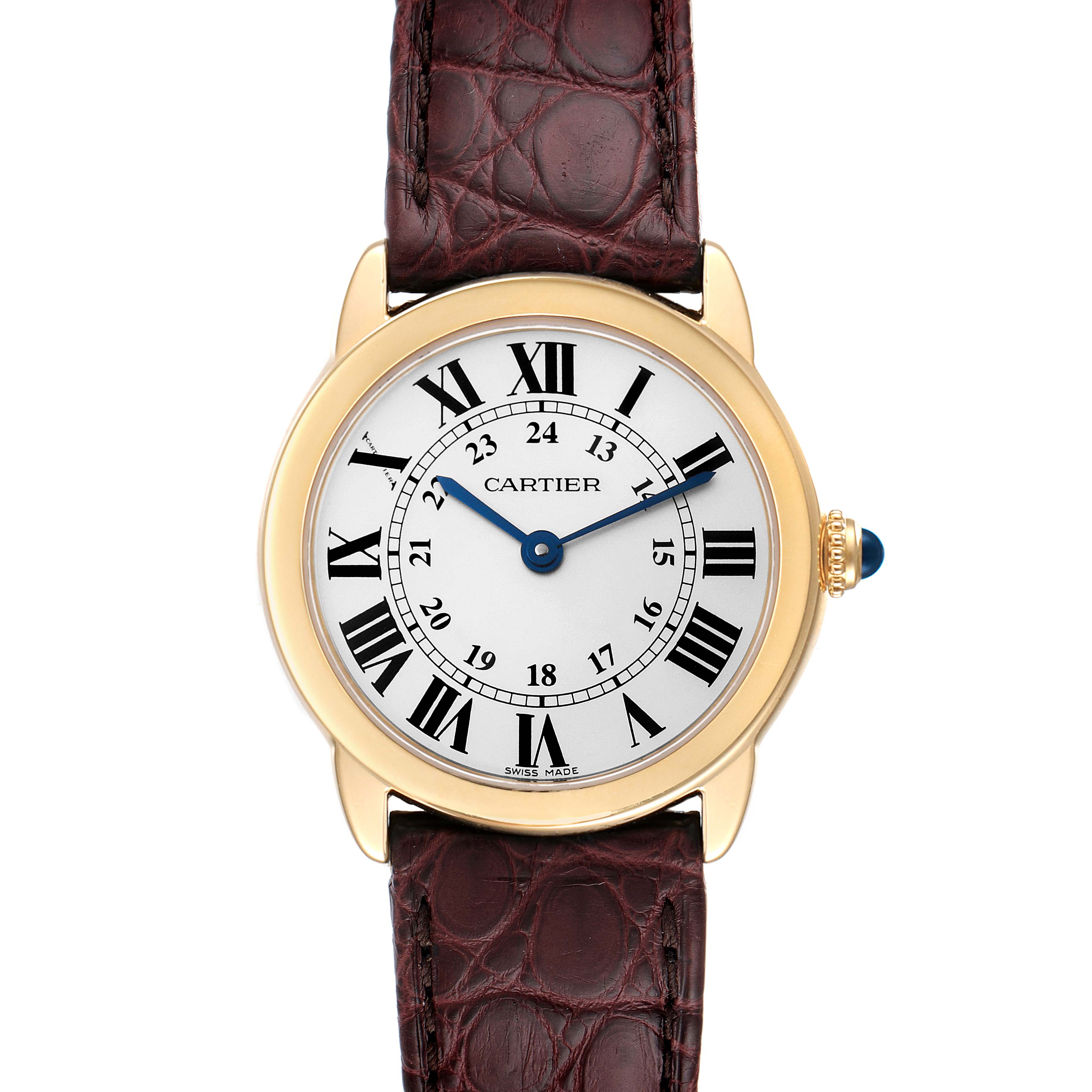 The Cartier Ronde W6700355 Women's Yellow Gold Silver Dial W6700355 Women's Yellow Gold Silver Dial watch is shown from a top-down angle, displaying its face, bezel, and leather strap.