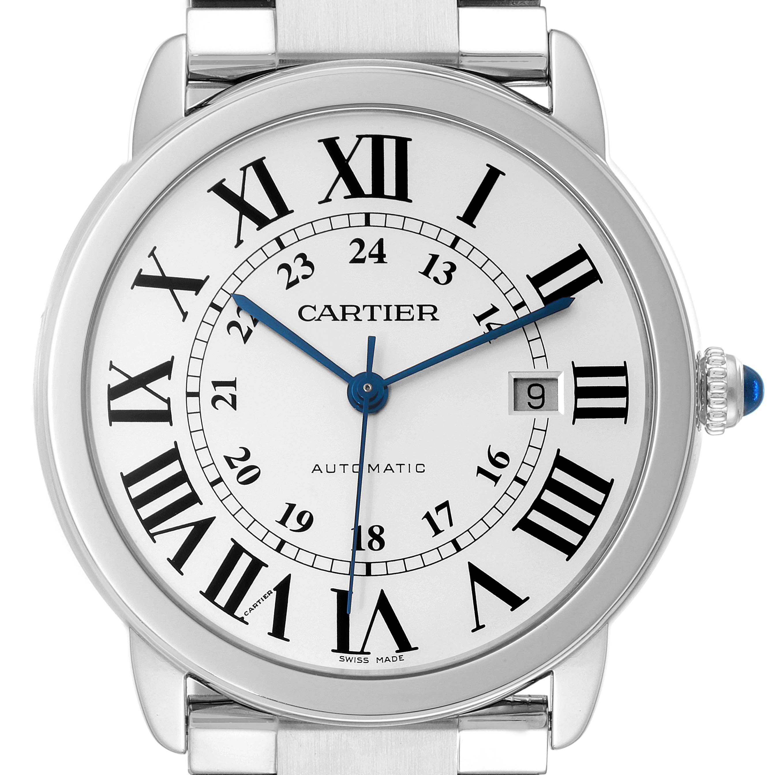 This image shows a close-up front view of the Cartier Ronde W6701011 Men
s Stainless Steel Silver Dial W6701011 Men
s Stainless Steel Silver Dial watch, highlighting its dial, hands, and date window.