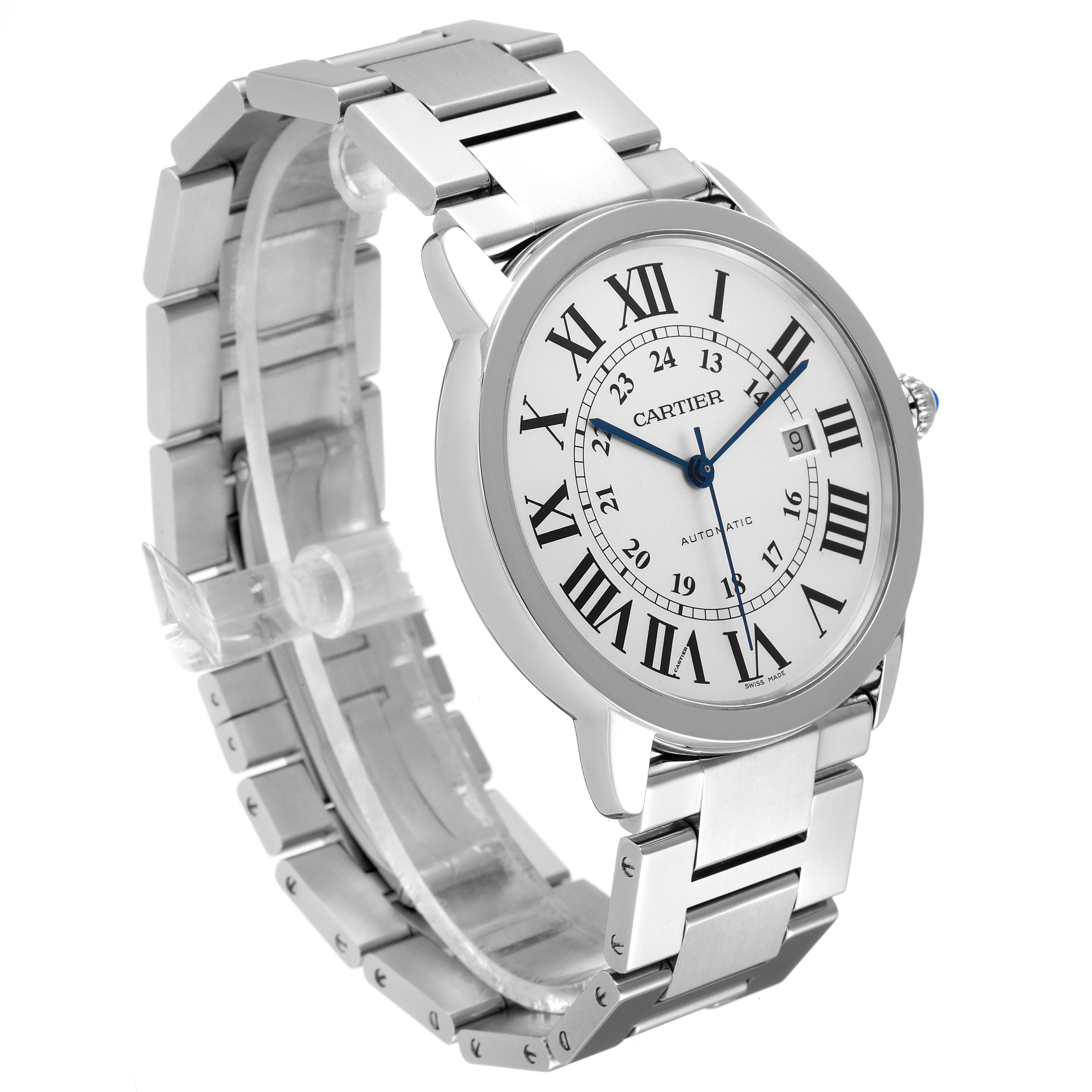 The image shows a side angle of the Cartier Ronde W6701011 Men
s Stainless Steel Silver Dial W6701011 Men
s Stainless Steel Silver Dial watch, showcasing its dial, bracelet, and crown.