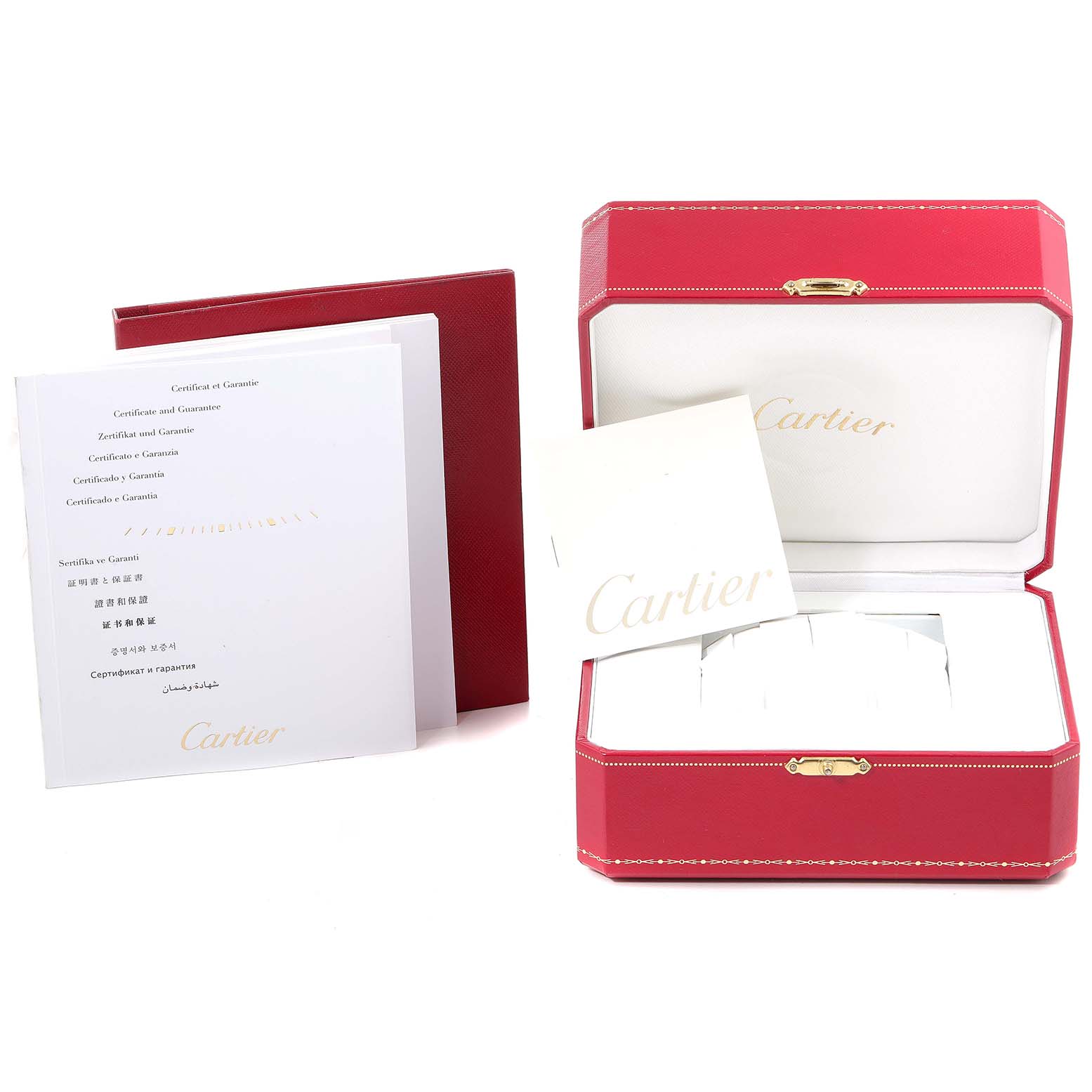 The image shows a Cartier Ronde W6701011 Men
s Stainless Steel Silver Dial W6701011 Men
s Stainless Steel Silver Dial watch box, guarantee certificates, and a red booklet at an eye-level angle.