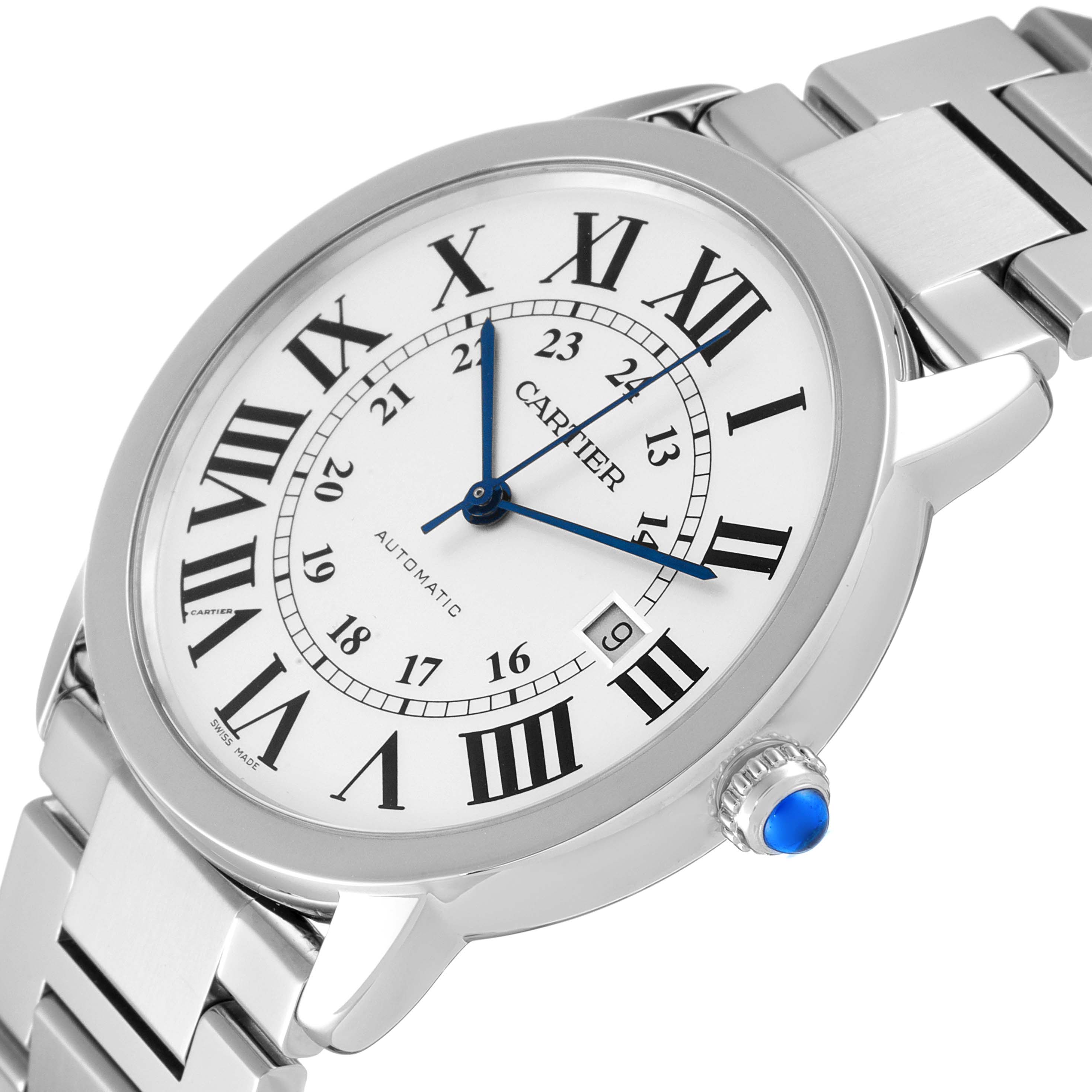 The image shows a Cartier Ronde W6701011 Men
s Stainless Steel Silver Dial W6701011 Men
s Stainless Steel Silver Dial model watch from a slight diagonal angle, highlighting its face, dial, crown, and bracelet.