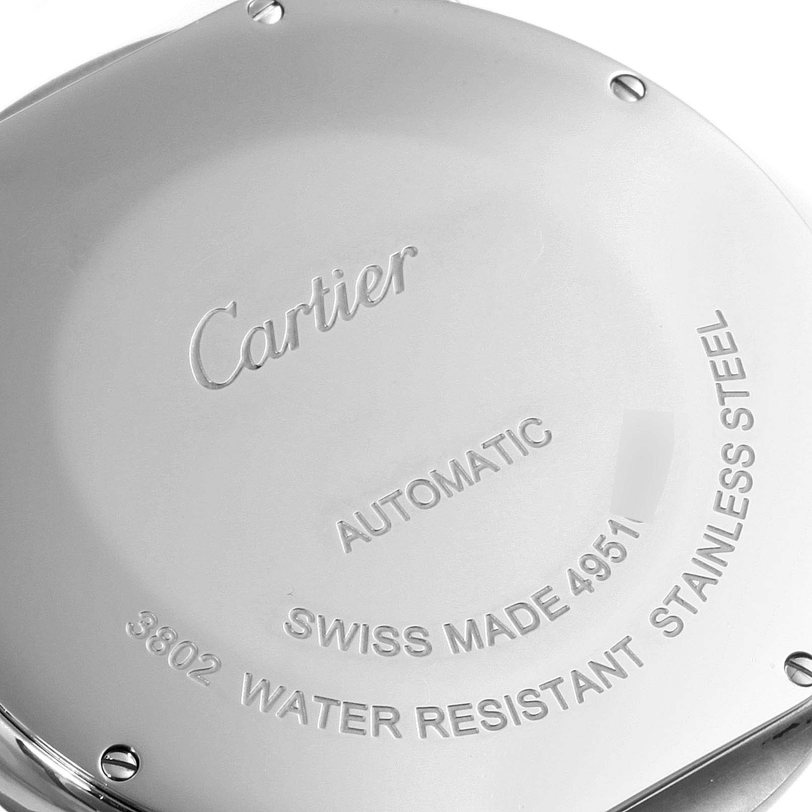 The image shows the back case of a Cartier Ronde W6701011 Men
s Stainless Steel Silver Dial W6701011 Men
s Stainless Steel Silver Dial model watch with engraved details.
