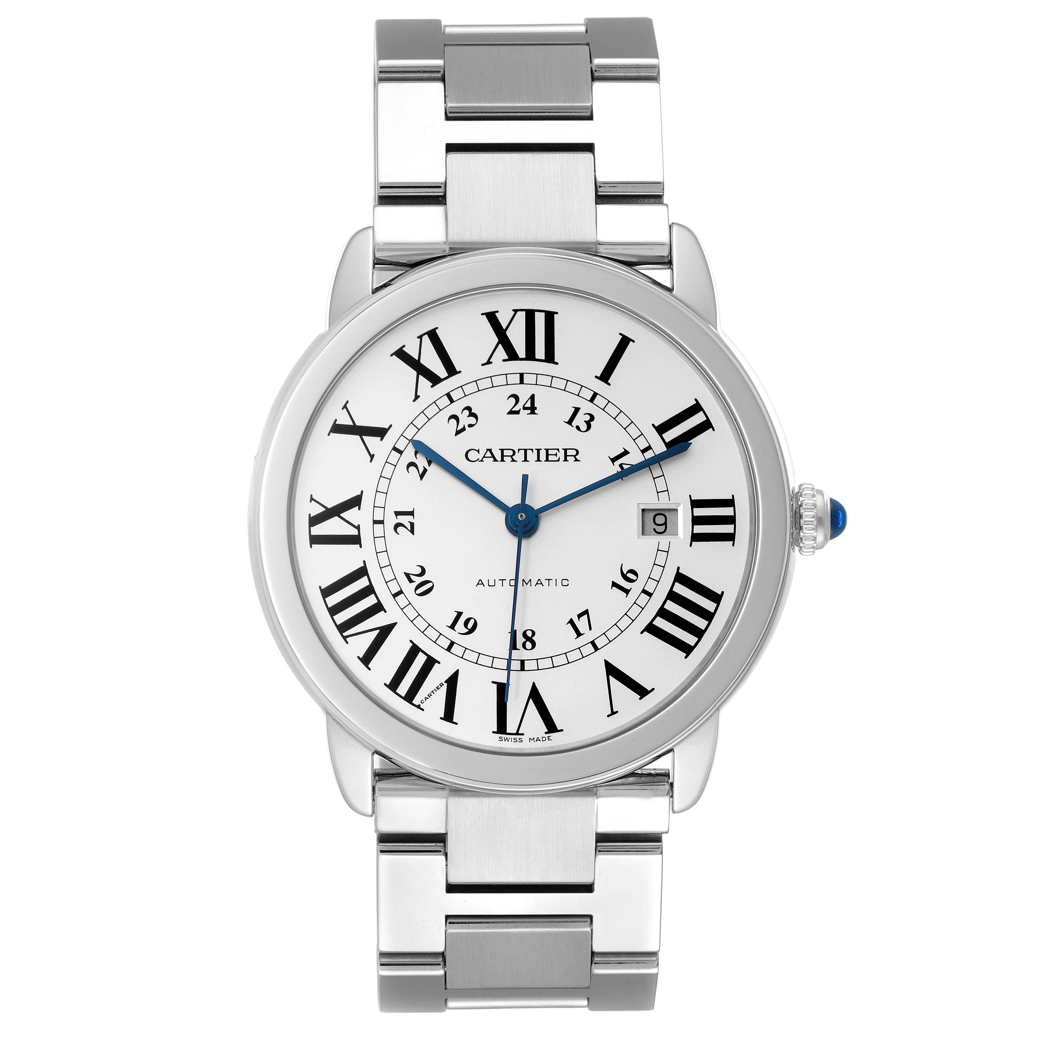 The image shows a front view of a Cartier Ronde W6701011 Men
s Stainless Steel Silver Dial W6701011 Men
s Stainless Steel Silver Dial watch, displaying its face and metal bracelet.