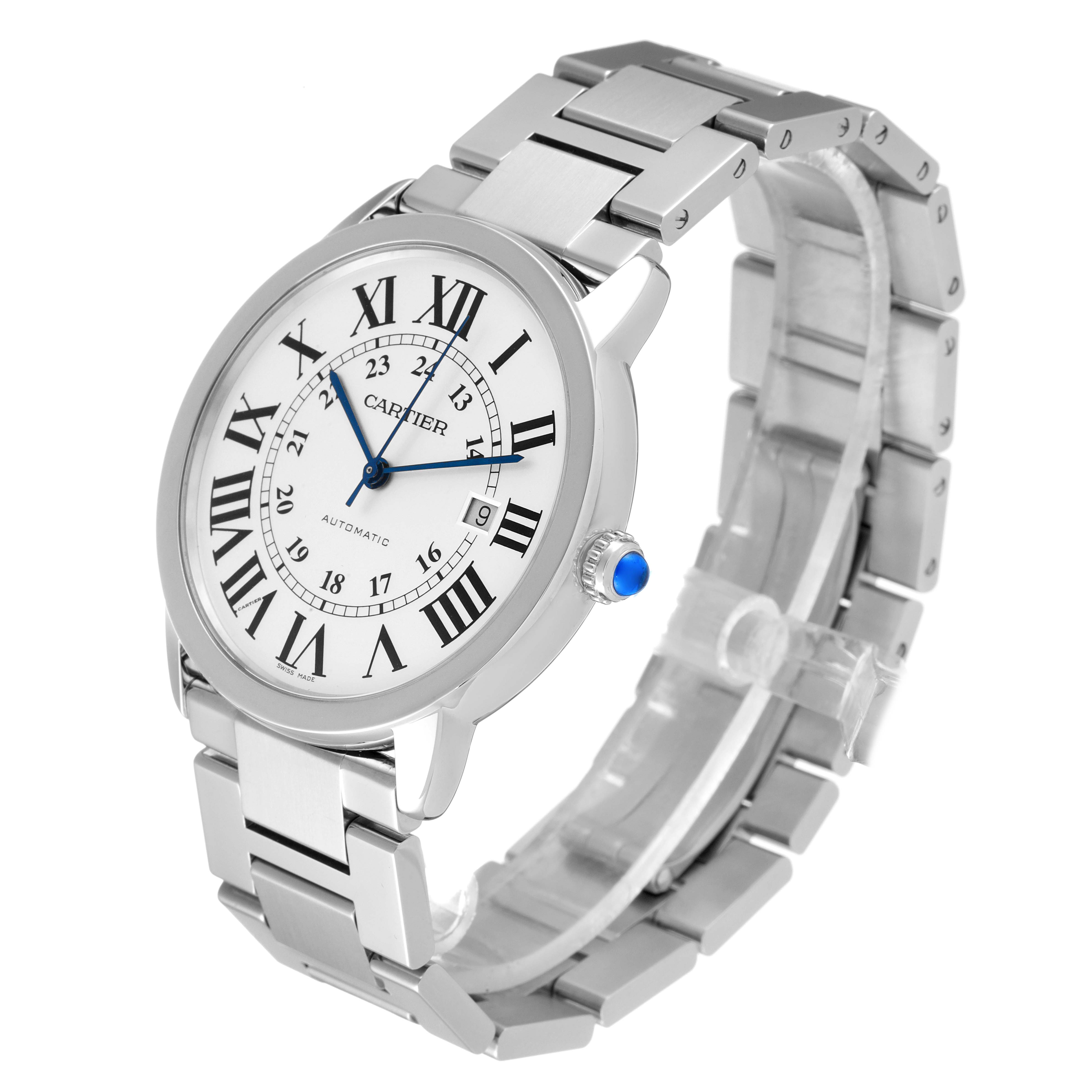 The Cartier Ronde W6701011 Men
s Stainless Steel Silver Dial W6701011 Men
s Stainless Steel Silver Dial model watch is shown at an angled view, displaying the face, bezel, bracelet, crown, and clasp.